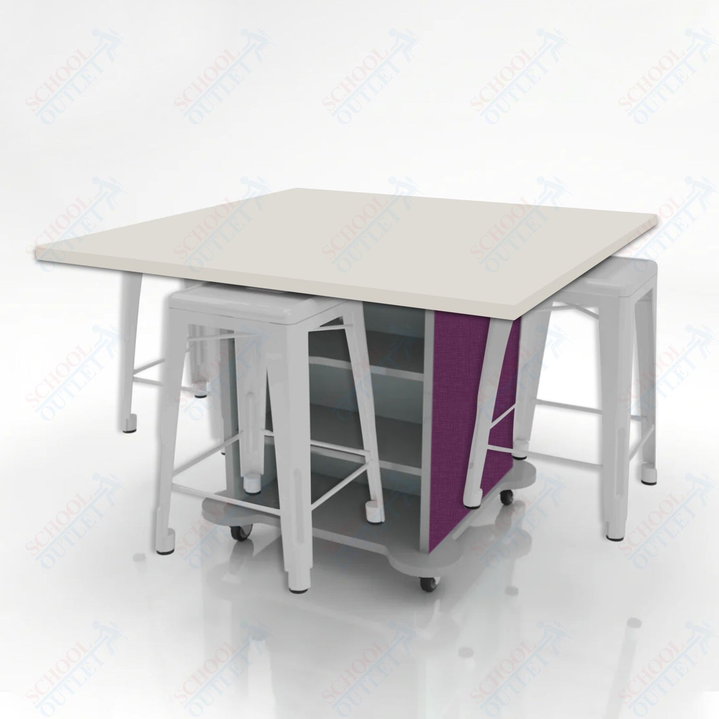 CEF Creation Cube Double-Sided Storage Table - 34"H, High-Pressure Laminate Base and Square Top - 4 Metal Stools Included