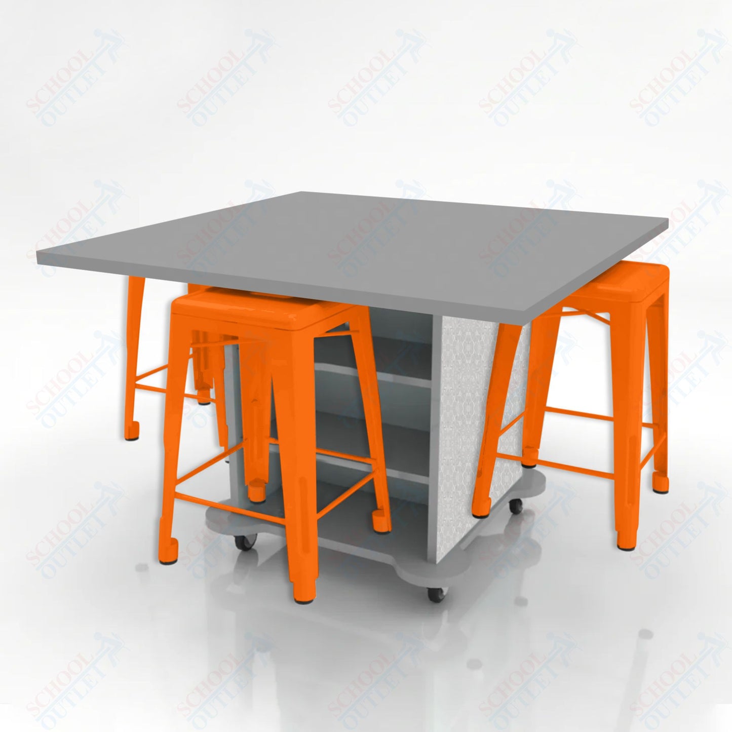 CEF Creation Cube Double-Sided Storage Table - 34"H, High-Pressure Laminate Base and Square Top - 4 Metal Stools Included