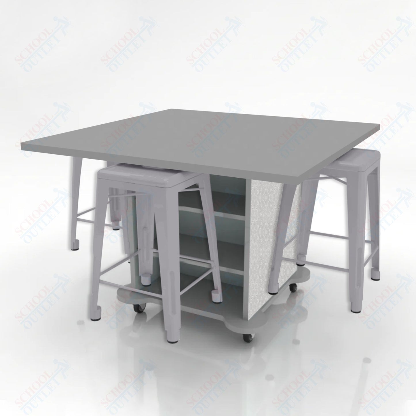 CEF Creation Cube Double-Sided Storage Table - 34"H, High-Pressure Laminate Base and Square Top - 4 Metal Stools Included