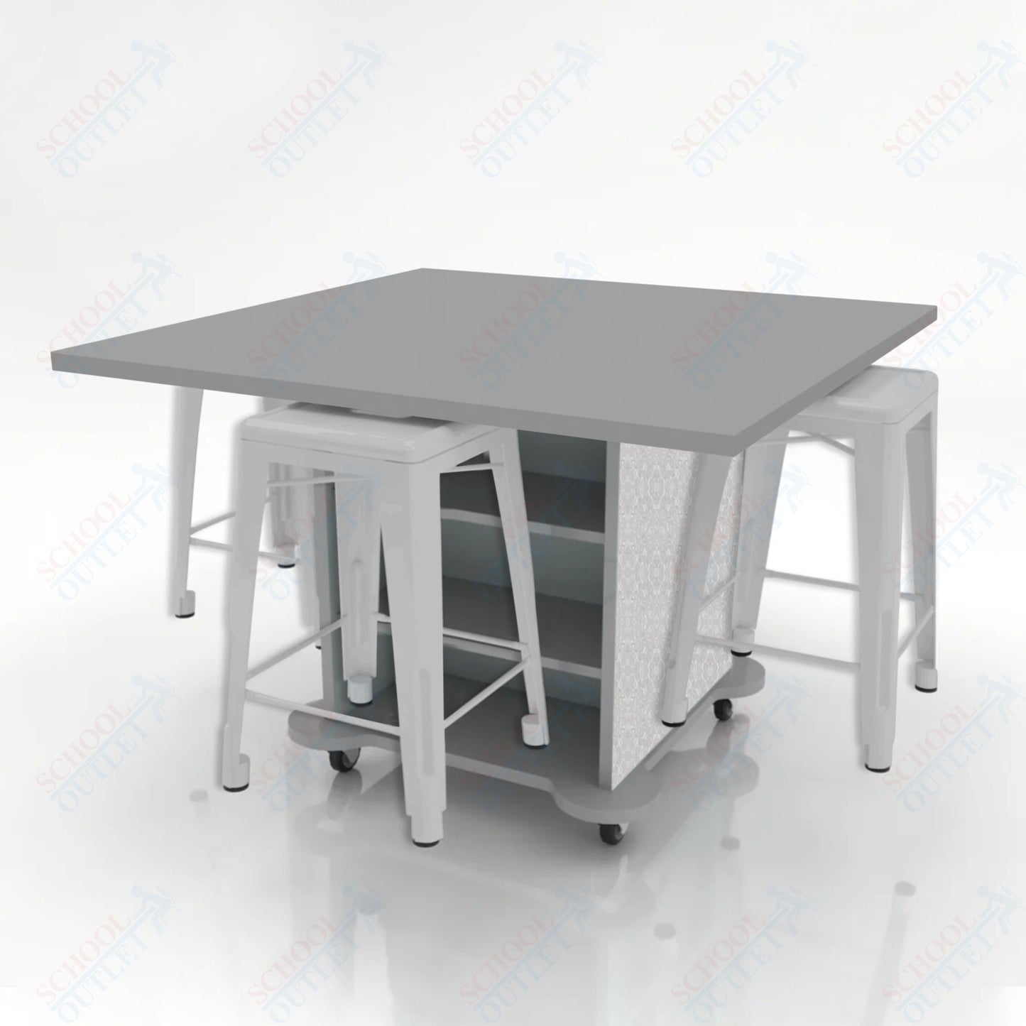 CEF Creation Cube Double-Sided Storage Table - 34"H, High-Pressure Laminate Base and Square Top - 4 Metal Stools Included