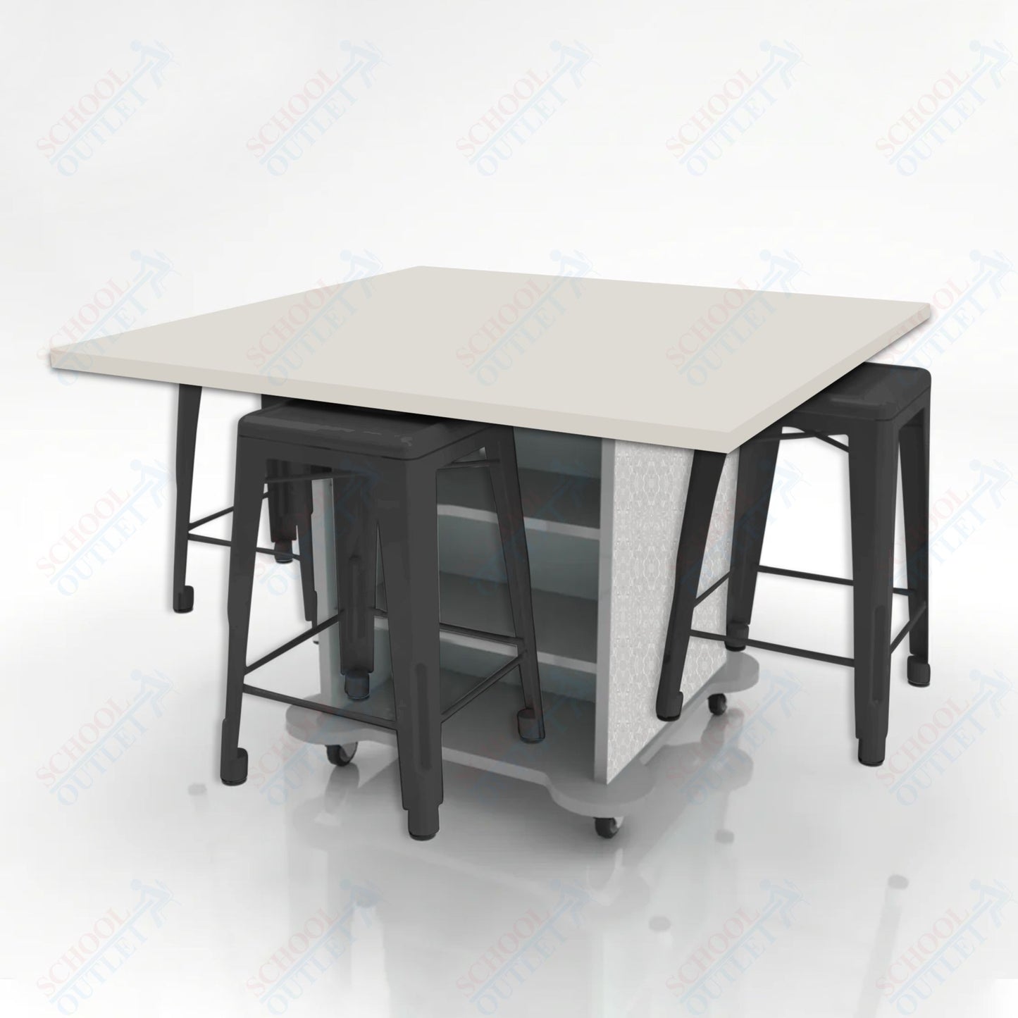 CEF Creation Cube Double-Sided Storage Table - 34"H, High-Pressure Laminate Base and Square Top - 4 Metal Stools Included