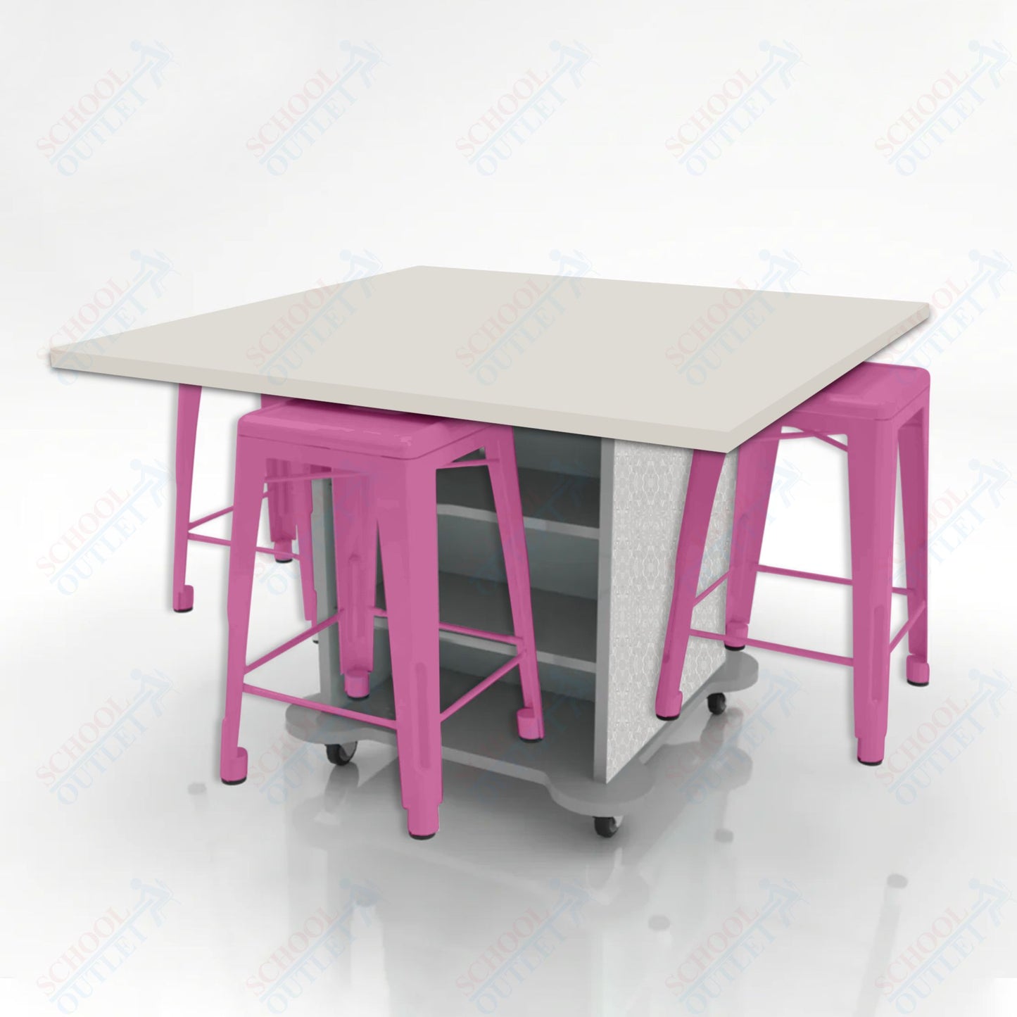 CEF Creation Cube Double-Sided Storage Table - 34"H, High-Pressure Laminate Base and Square Top - 4 Metal Stools Included