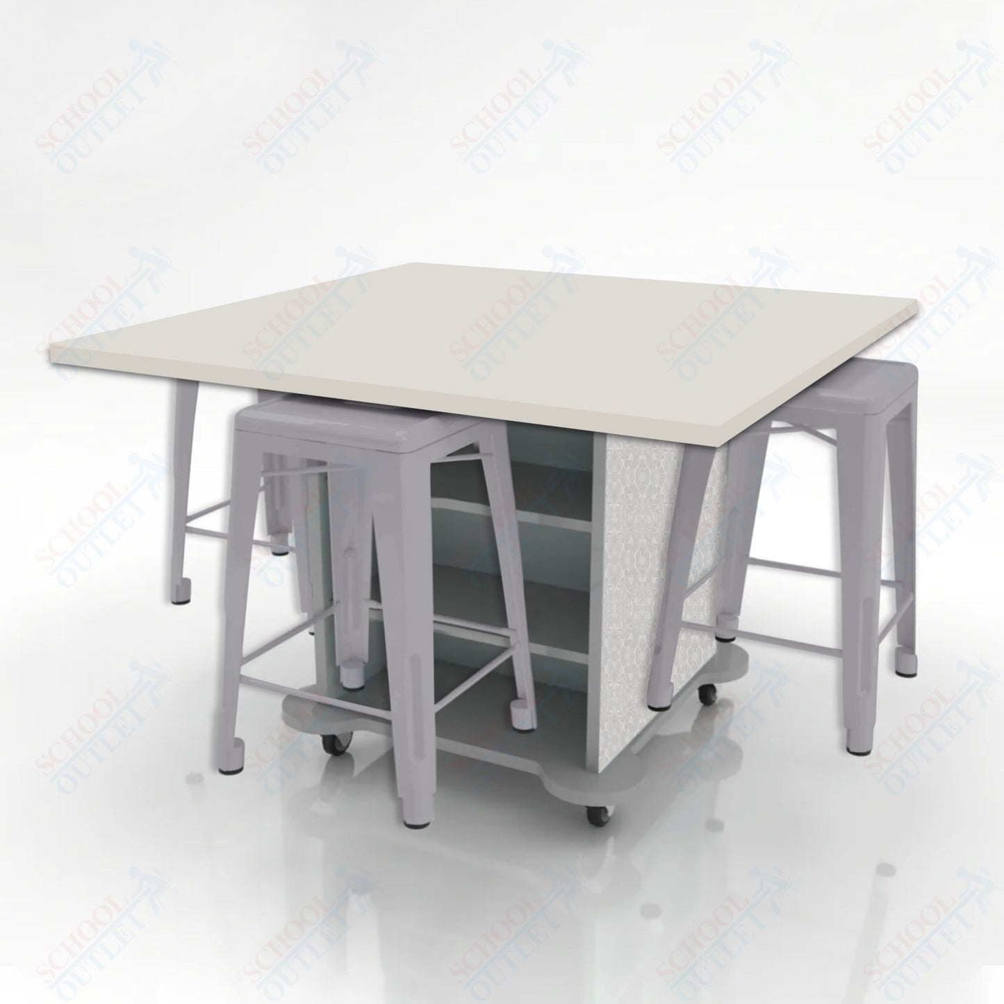 CEF Creation Cube Double-Sided Storage Table - 34"H, High-Pressure Laminate Base and Square Top - 4 Metal Stools Included