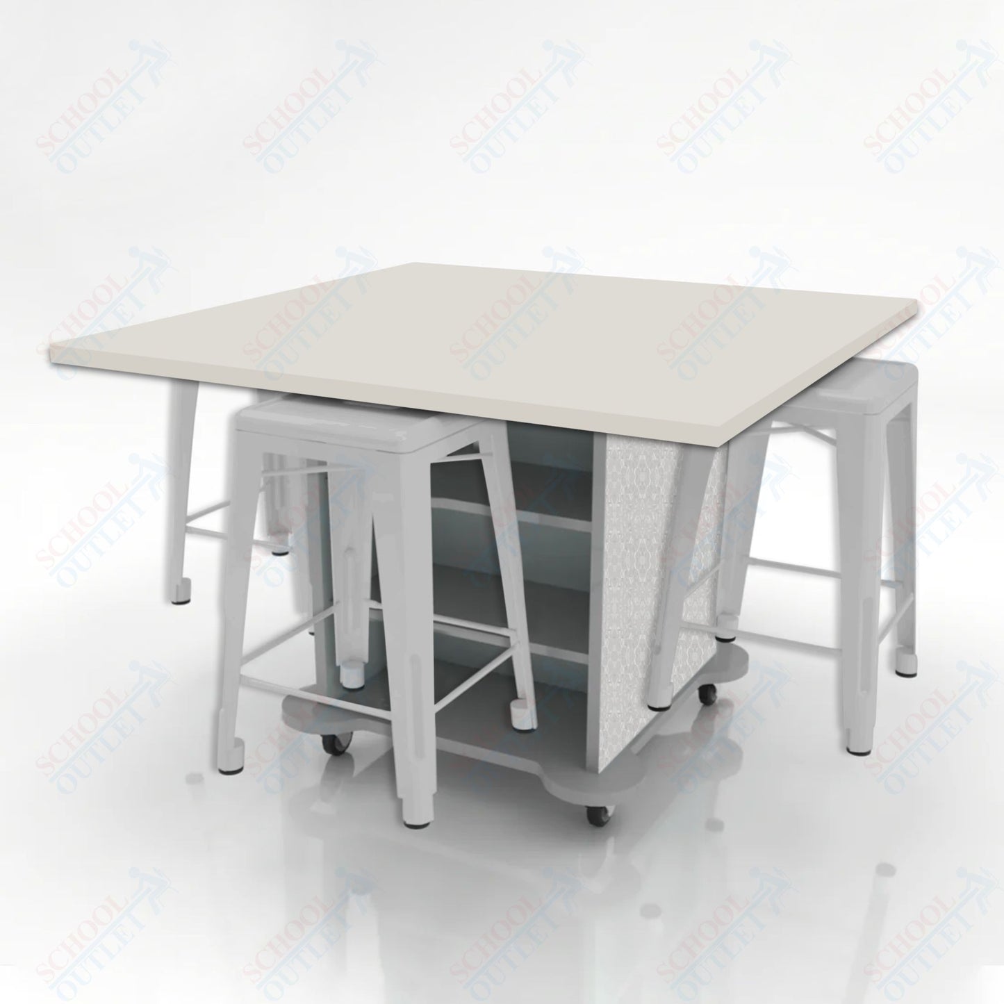 CEF Creation Cube Double-Sided Storage Table - 34"H, High-Pressure Laminate Base and Square Top - 4 Metal Stools Included