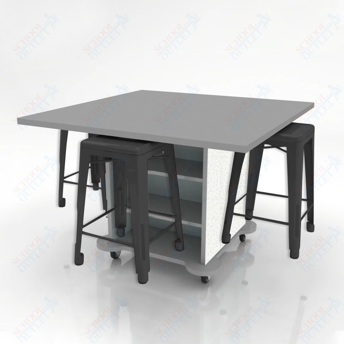 CEF Creation Cube Double-Sided Storage Table - 34"H, High-Pressure Laminate Base and Square Top - 4 Metal Stools Included