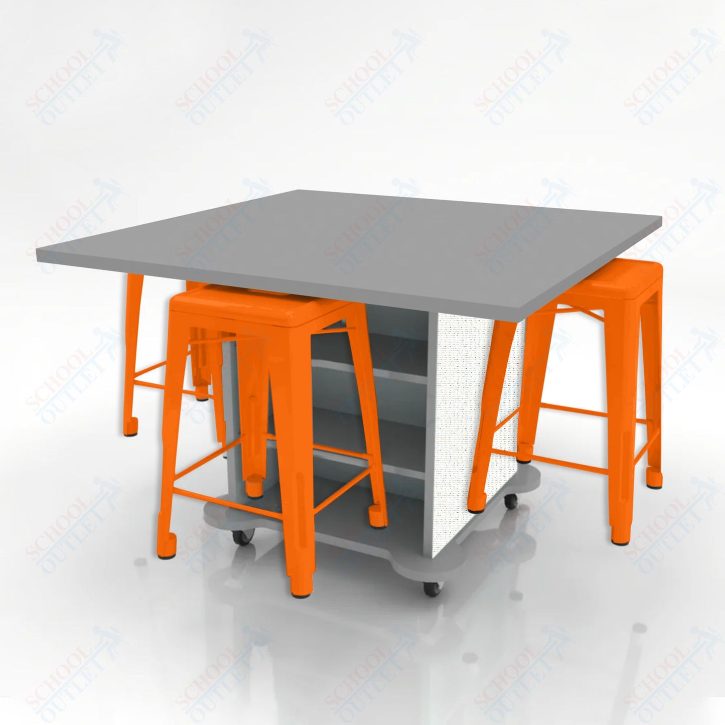 CEF Creation Cube Double-Sided Storage Table - 34"H, High-Pressure Laminate Base and Square Top - 4 Metal Stools Included