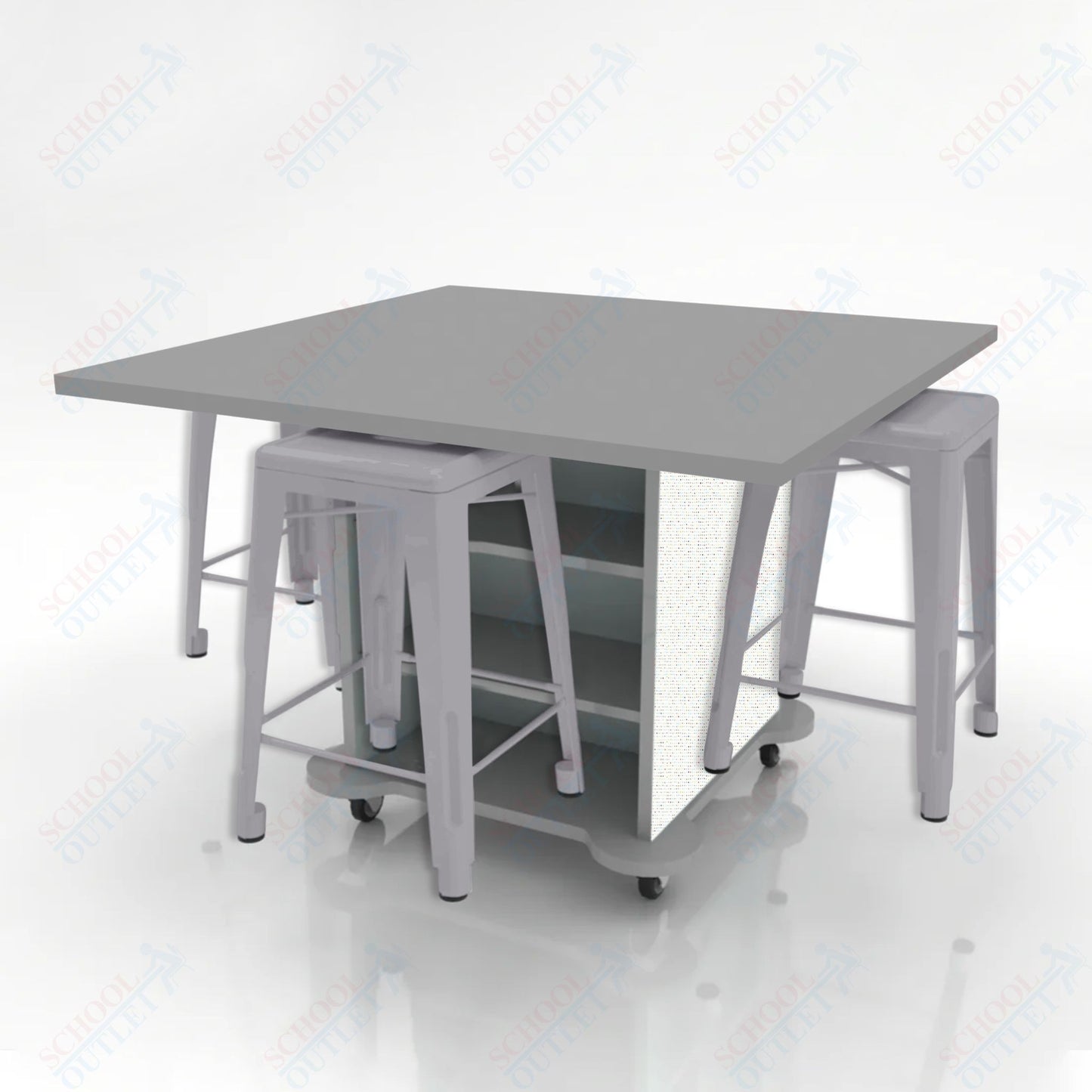 CEF Creation Cube Double-Sided Storage Table - 34"H, High-Pressure Laminate Base and Square Top - 4 Metal Stools Included