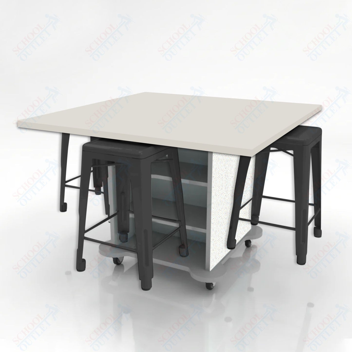 CEF Creation Cube Double-Sided Storage Table - 34"H, High-Pressure Laminate Base and Square Top - 4 Metal Stools Included