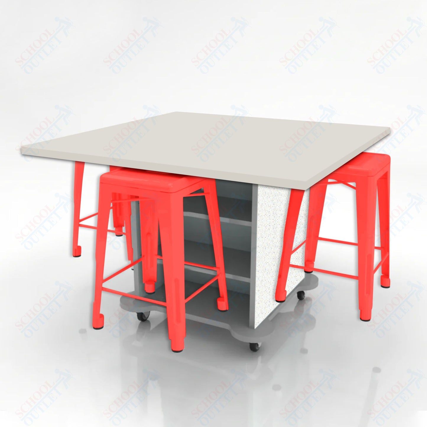 CEF Creation Cube Double-Sided Storage Table - 34"H, High-Pressure Laminate Base and Square Top - 4 Metal Stools Included