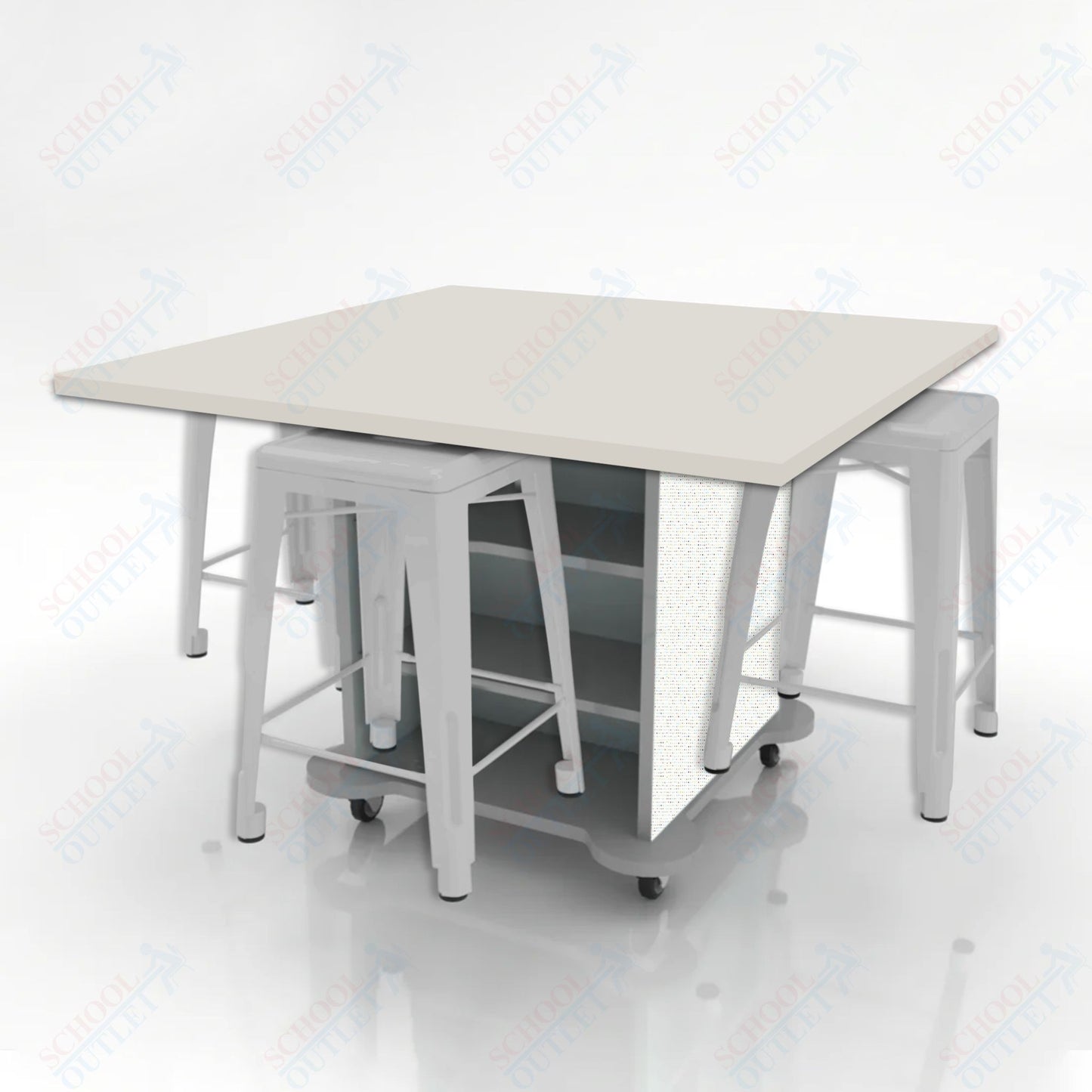 CEF Creation Cube Double-Sided Storage Table - 34"H, High-Pressure Laminate Base and Square Top - 4 Metal Stools Included