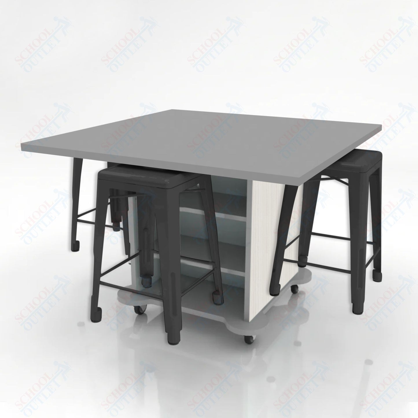 CEF Creation Cube Double-Sided Storage Table - 34"H, High-Pressure Laminate Base and Square Top - 4 Metal Stools Included