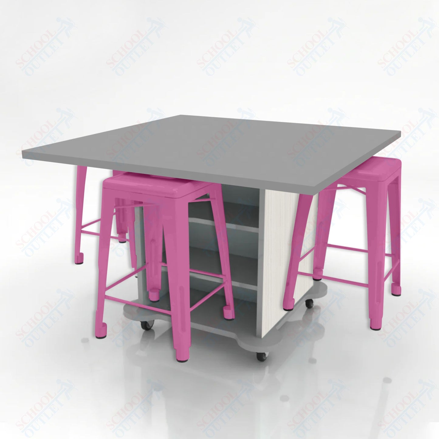 CEF Creation Cube Double-Sided Storage Table - 34"H, High-Pressure Laminate Base and Square Top - 4 Metal Stools Included