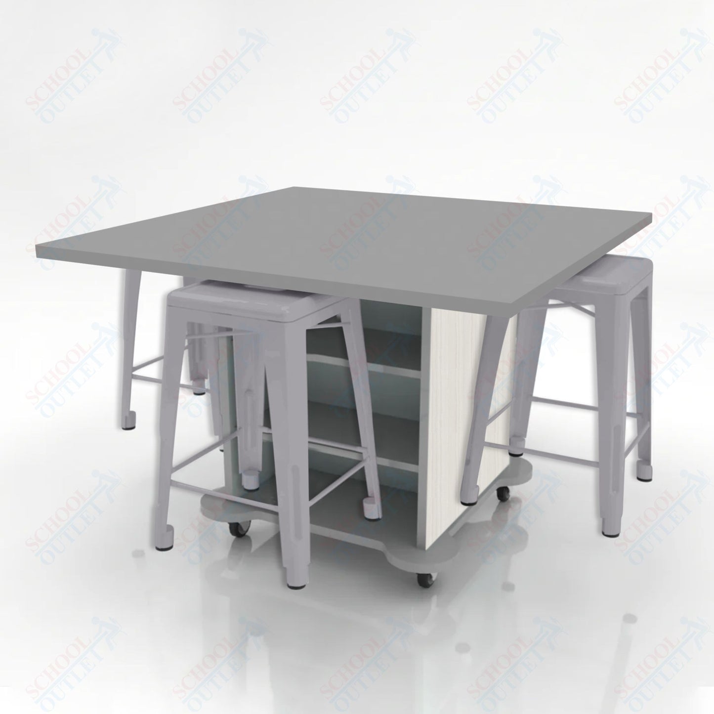 CEF Creation Cube Double-Sided Storage Table - 34"H, High-Pressure Laminate Base and Square Top - 4 Metal Stools Included