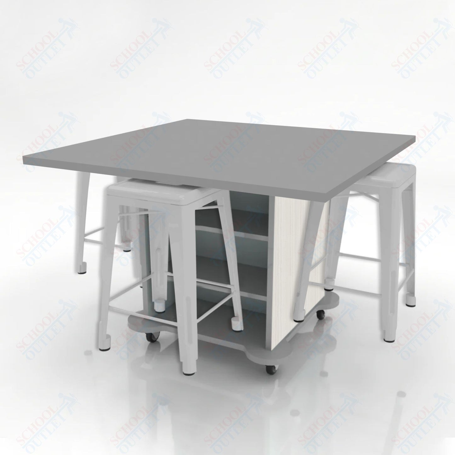 CEF Creation Cube Double-Sided Storage Table - 34"H, High-Pressure Laminate Base and Square Top - 4 Metal Stools Included