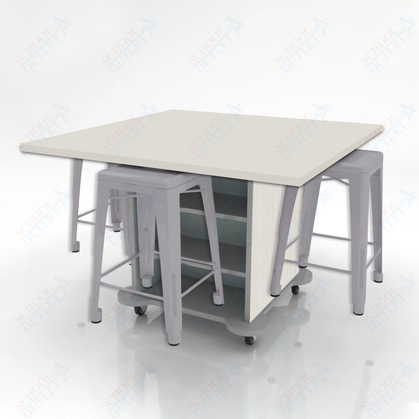 CEF Creation Cube Double-Sided Storage Table - 34"H, High-Pressure Laminate Base and Square Top - 4 Metal Stools Included