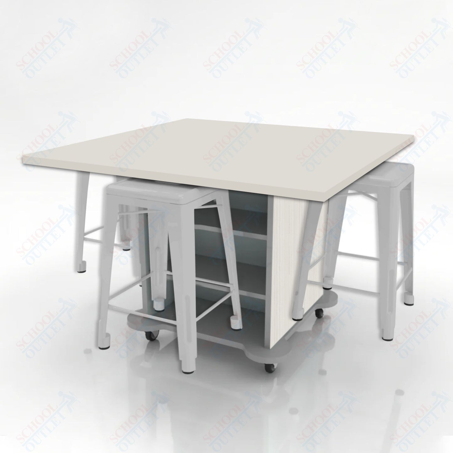 CEF Creation Cube Double-Sided Storage Table - 34"H, High-Pressure Laminate Base and Square Top - 4 Metal Stools Included