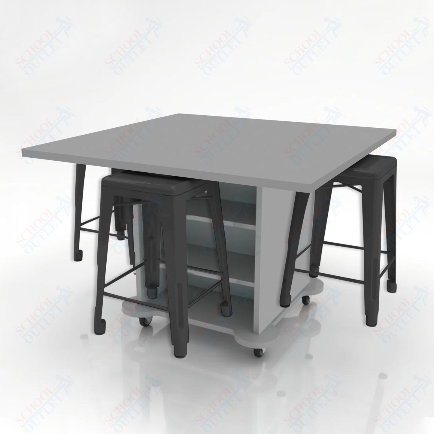 CEF Creation Cube Double-Sided Storage Table - 34"H, High-Pressure Laminate Base and Square Top - 4 Metal Stools Included