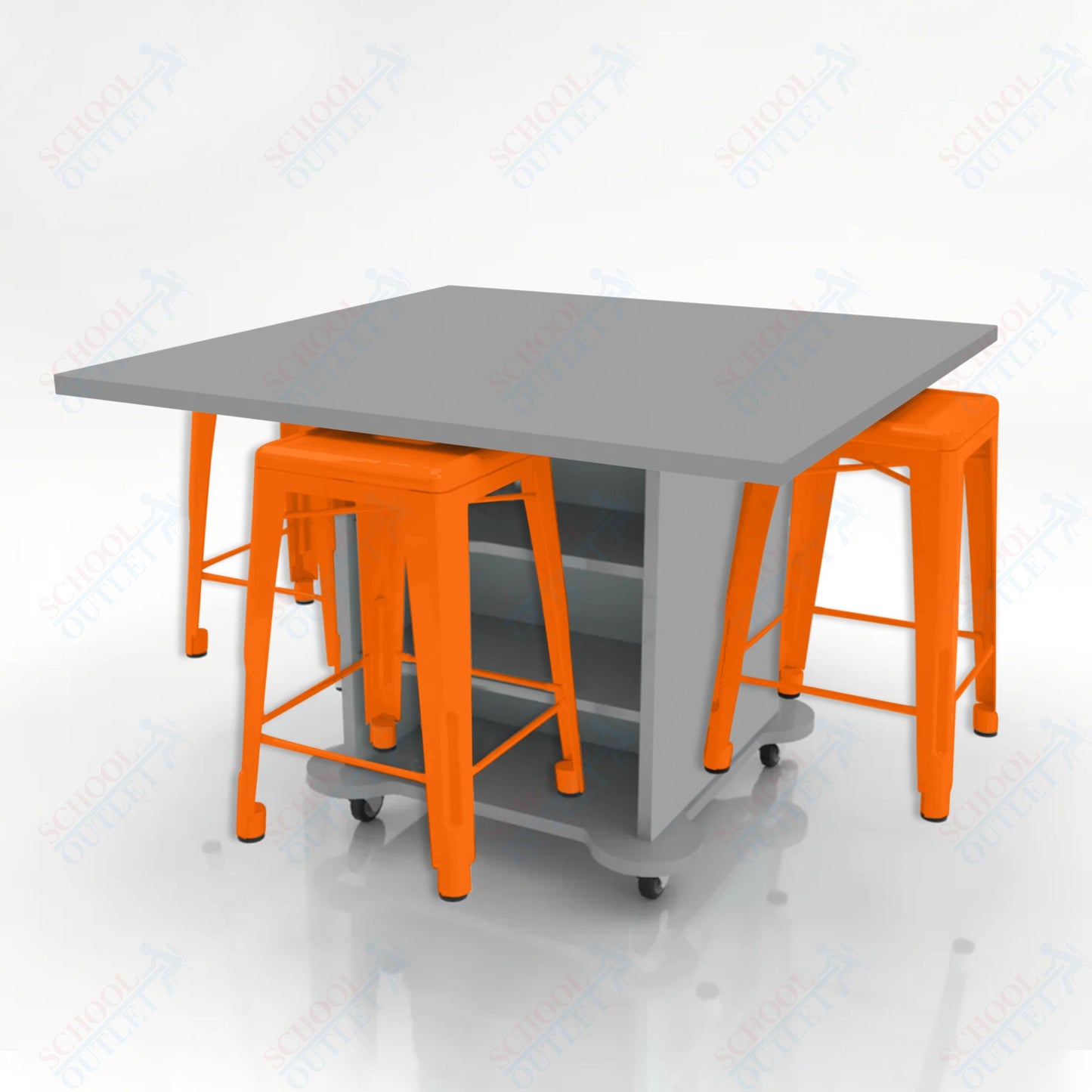 CEF Creation Cube Double-Sided Storage Table - 34"H, High-Pressure Laminate Base and Square Top - 4 Metal Stools Included