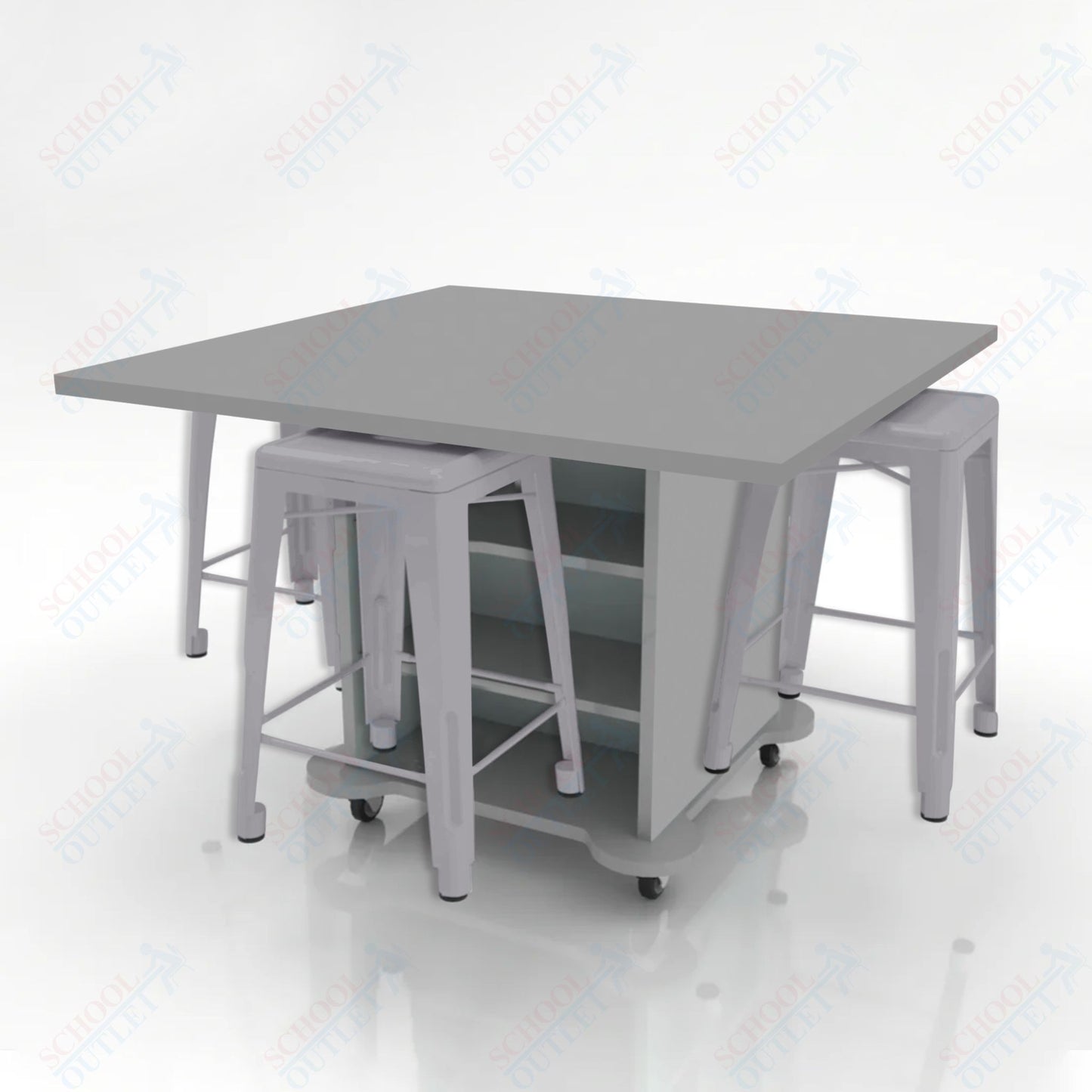 CEF Creation Cube Double-Sided Storage Table - 34"H, High-Pressure Laminate Base and Square Top - 4 Metal Stools Included