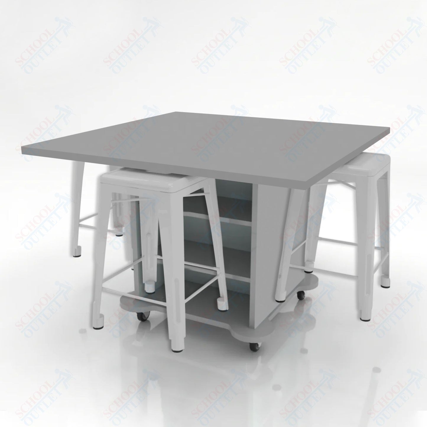 CEF Creation Cube Double-Sided Storage Table - 34"H, High-Pressure Laminate Base and Square Top - 4 Metal Stools Included