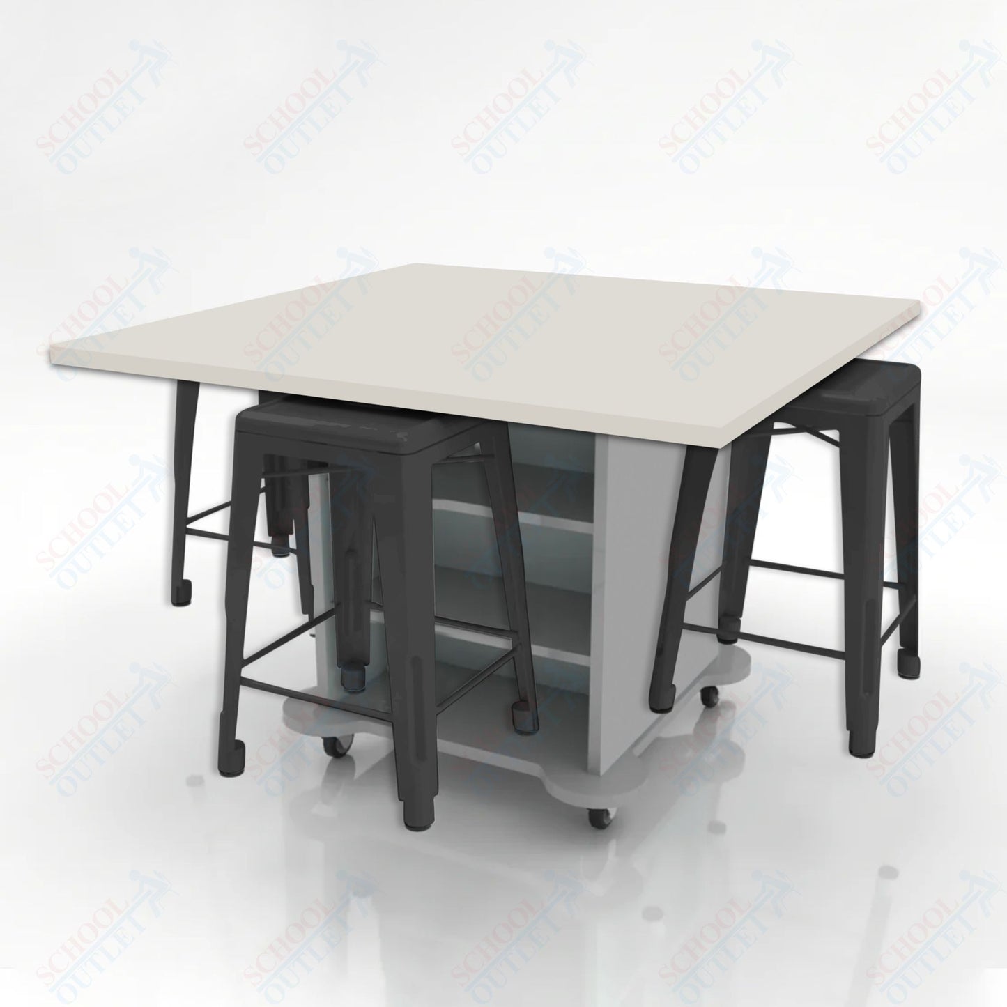 CEF Creation Cube Double-Sided Storage Table - 34"H, High-Pressure Laminate Base and Square Top - 4 Metal Stools Included