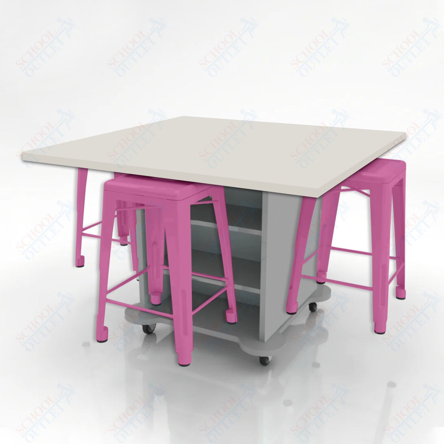 CEF Creation Cube Double-Sided Storage Table - 34"H, High-Pressure Laminate Base and Square Top - 4 Metal Stools Included