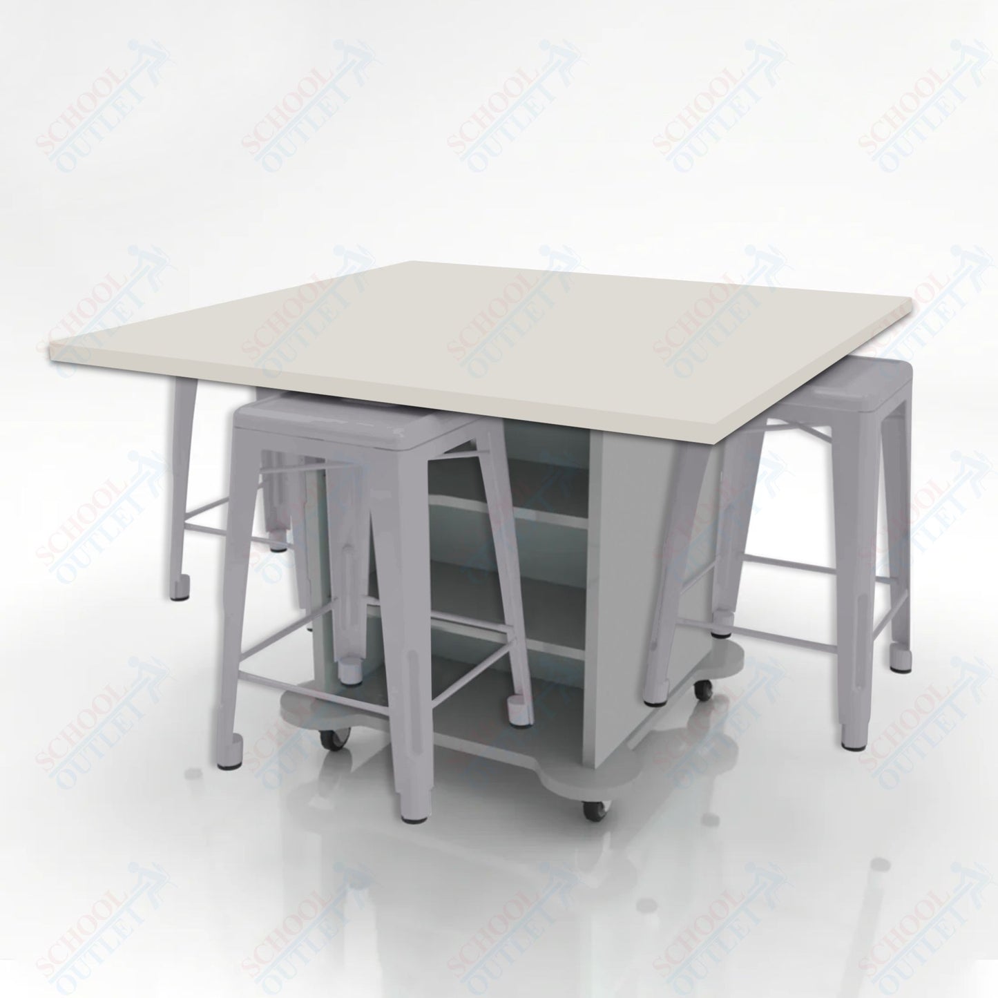 CEF Creation Cube Double-Sided Storage Table - 34"H, High-Pressure Laminate Base and Square Top - 4 Metal Stools Included