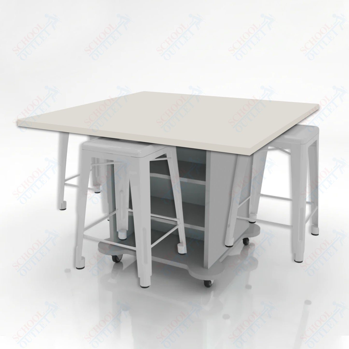 CEF Creation Cube Double-Sided Storage Table - 34"H, High-Pressure Laminate Base and Square Top - 4 Metal Stools Included