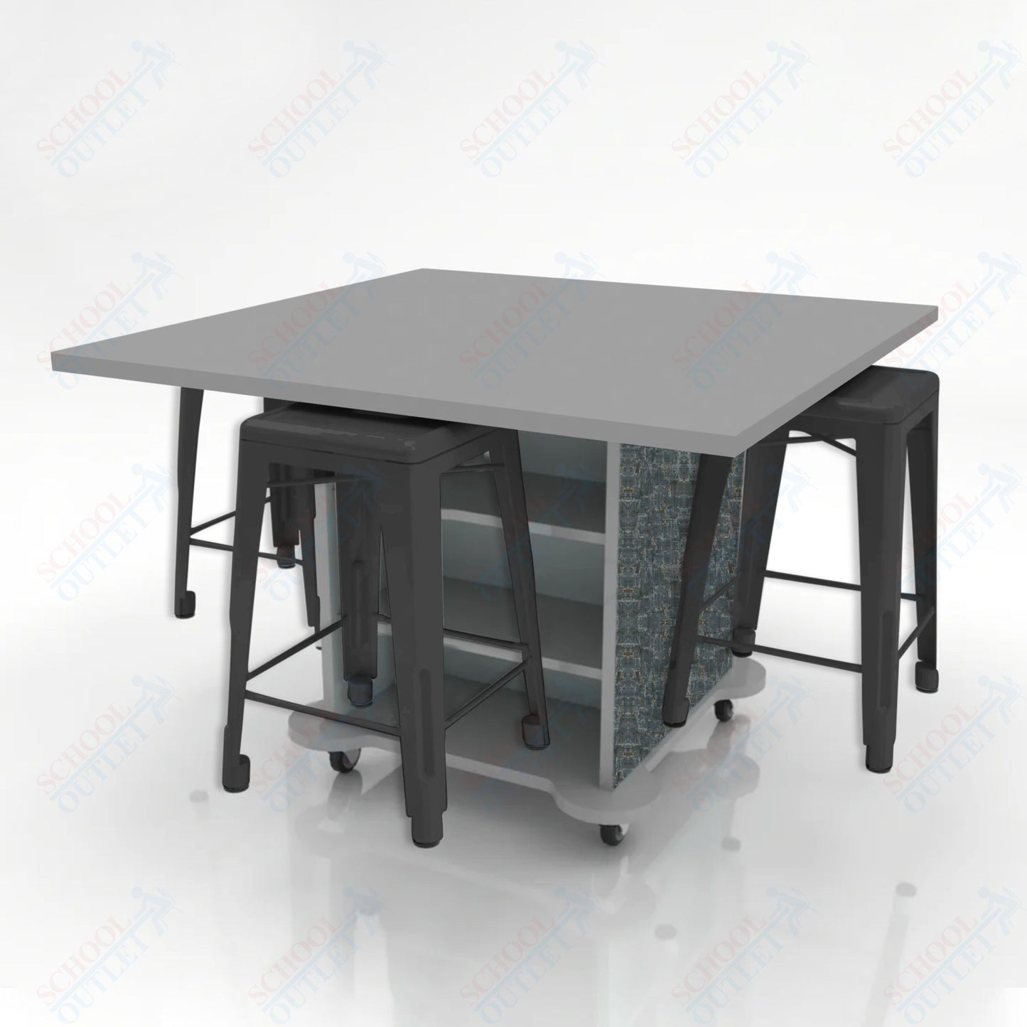 CEF Creation Cube Double-Sided Storage Table - 34"H, High-Pressure Laminate Base and Square Top - 4 Metal Stools Included