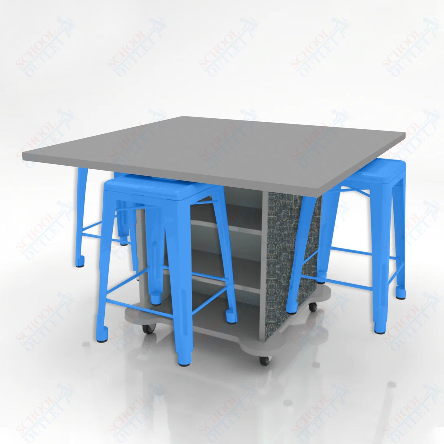 CEF Creation Cube Double-Sided Storage Table - 34"H, High-Pressure Laminate Base and Square Top - 4 Metal Stools Included