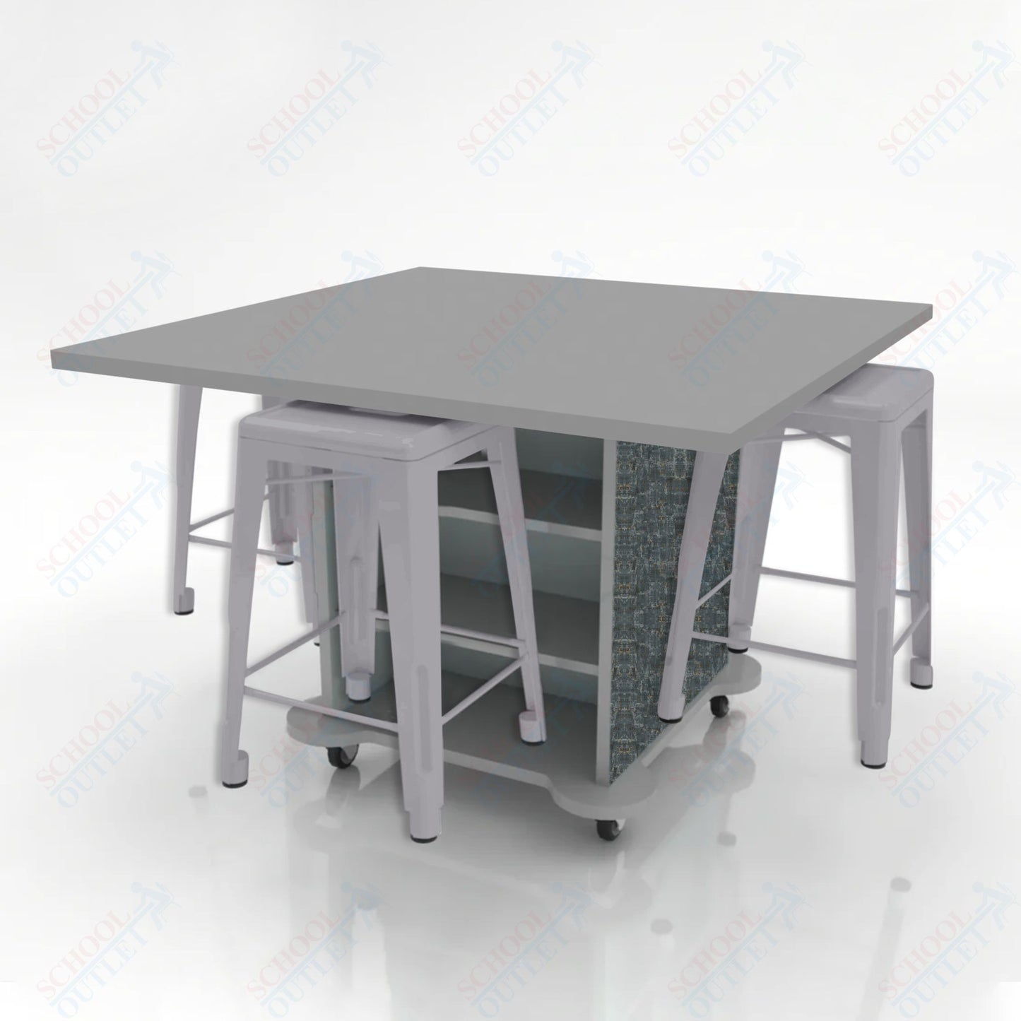 CEF Creation Cube Double-Sided Storage Table - 34"H, High-Pressure Laminate Base and Square Top - 4 Metal Stools Included