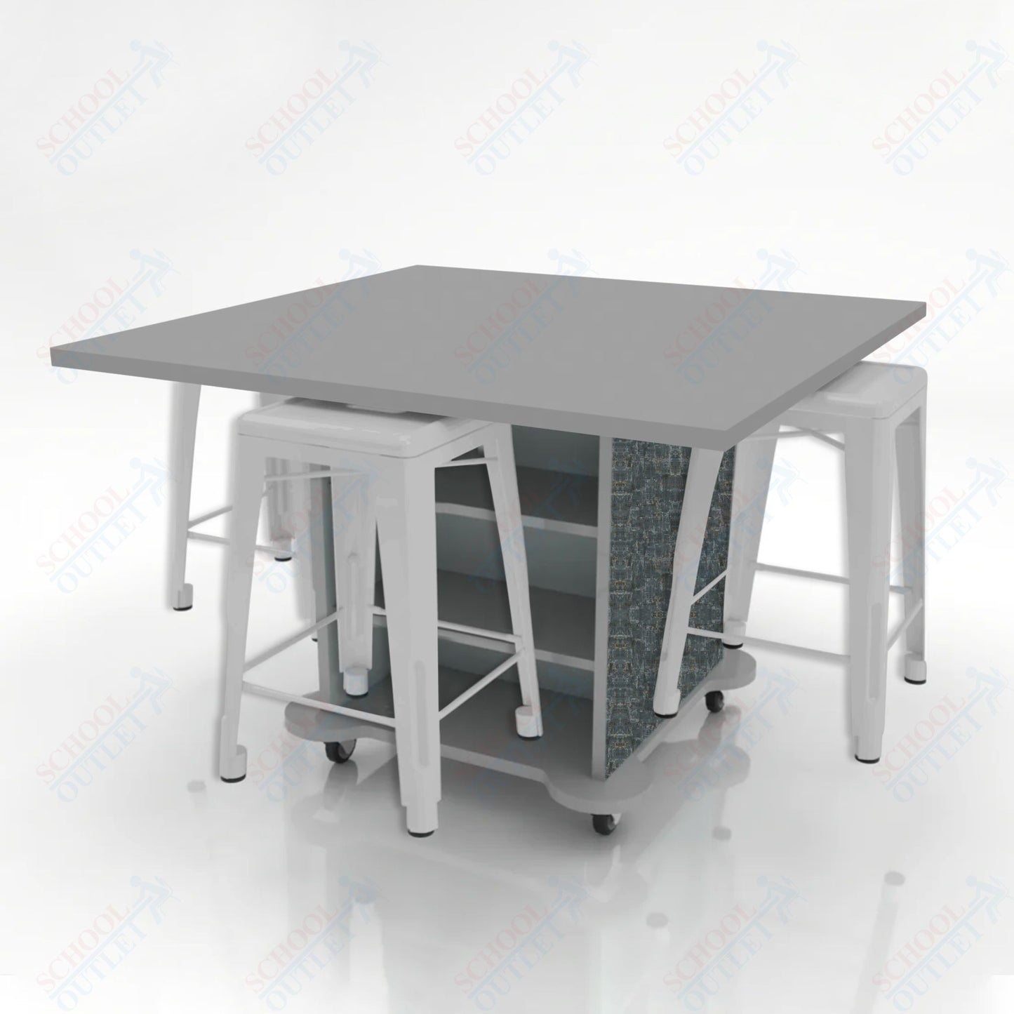 CEF Creation Cube Double-Sided Storage Table - 34"H, High-Pressure Laminate Base and Square Top - 4 Metal Stools Included