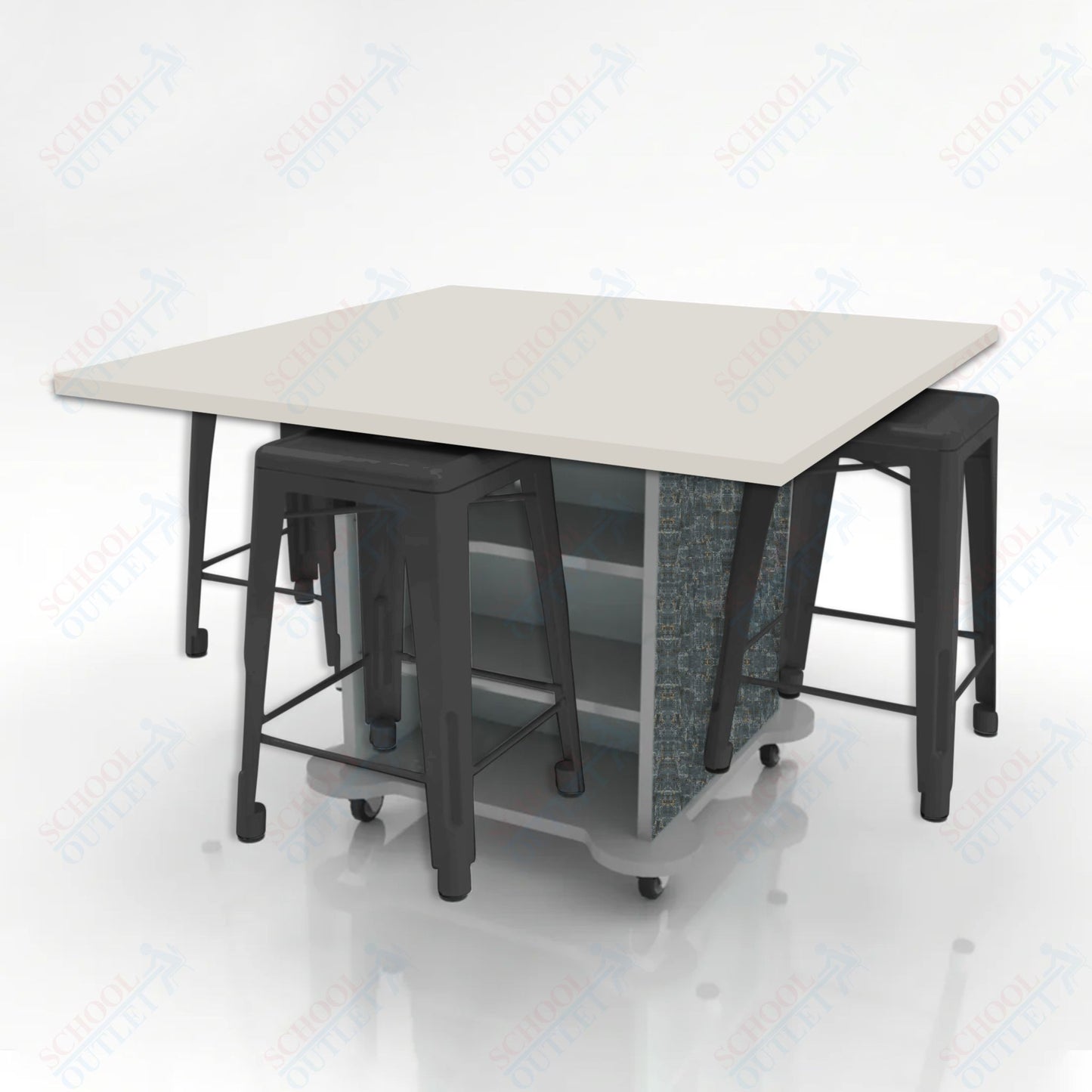 CEF Creation Cube Double-Sided Storage Table - 34"H, High-Pressure Laminate Base and Square Top - 4 Metal Stools Included