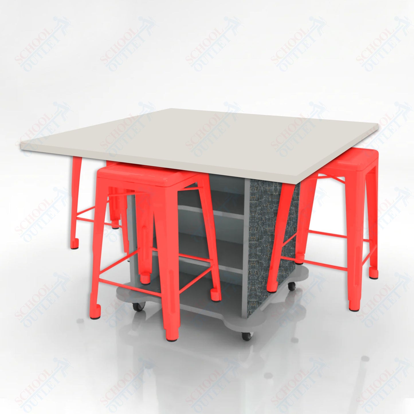 CEF Creation Cube Double-Sided Storage Table - 34"H, High-Pressure Laminate Base and Square Top - 4 Metal Stools Included