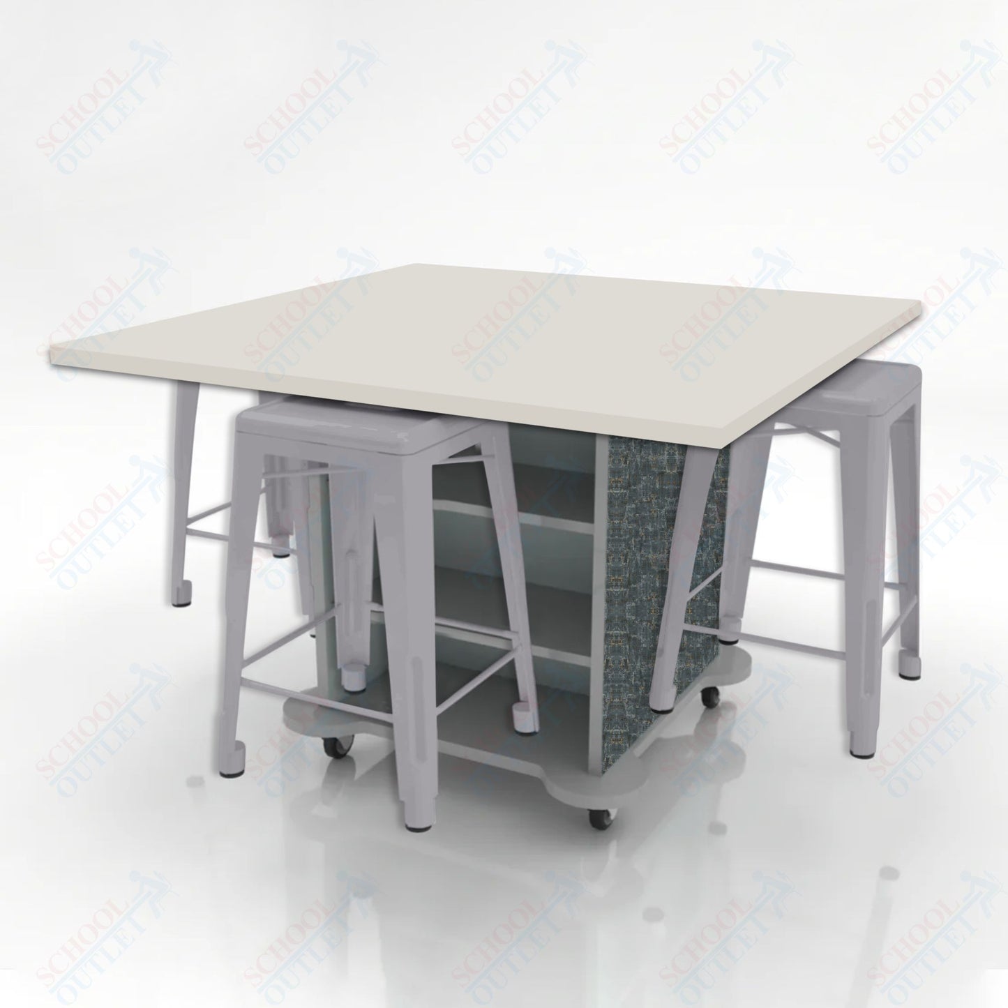 CEF Creation Cube Double-Sided Storage Table - 34"H, High-Pressure Laminate Base and Square Top - 4 Metal Stools Included