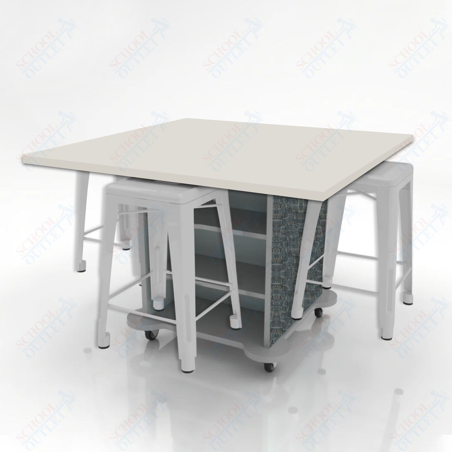 CEF Creation Cube Double-Sided Storage Table - 34"H, High-Pressure Laminate Base and Square Top - 4 Metal Stools Included