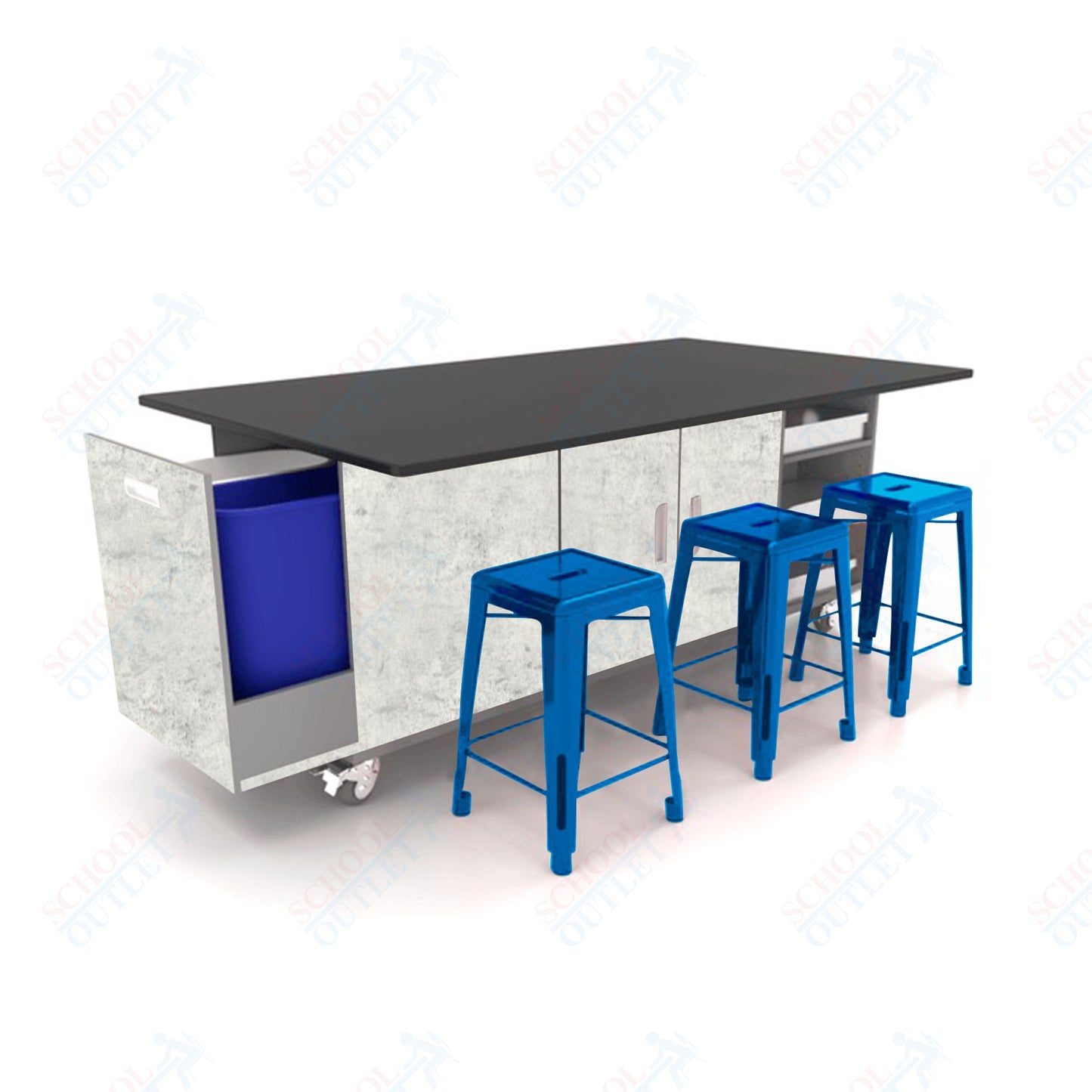 CEF ED Original Table 36"H Chemical Resistant Top, Laminate Base with  6 Stools, Storage Bins, Trash Bins, and Electrical Outlets Included.