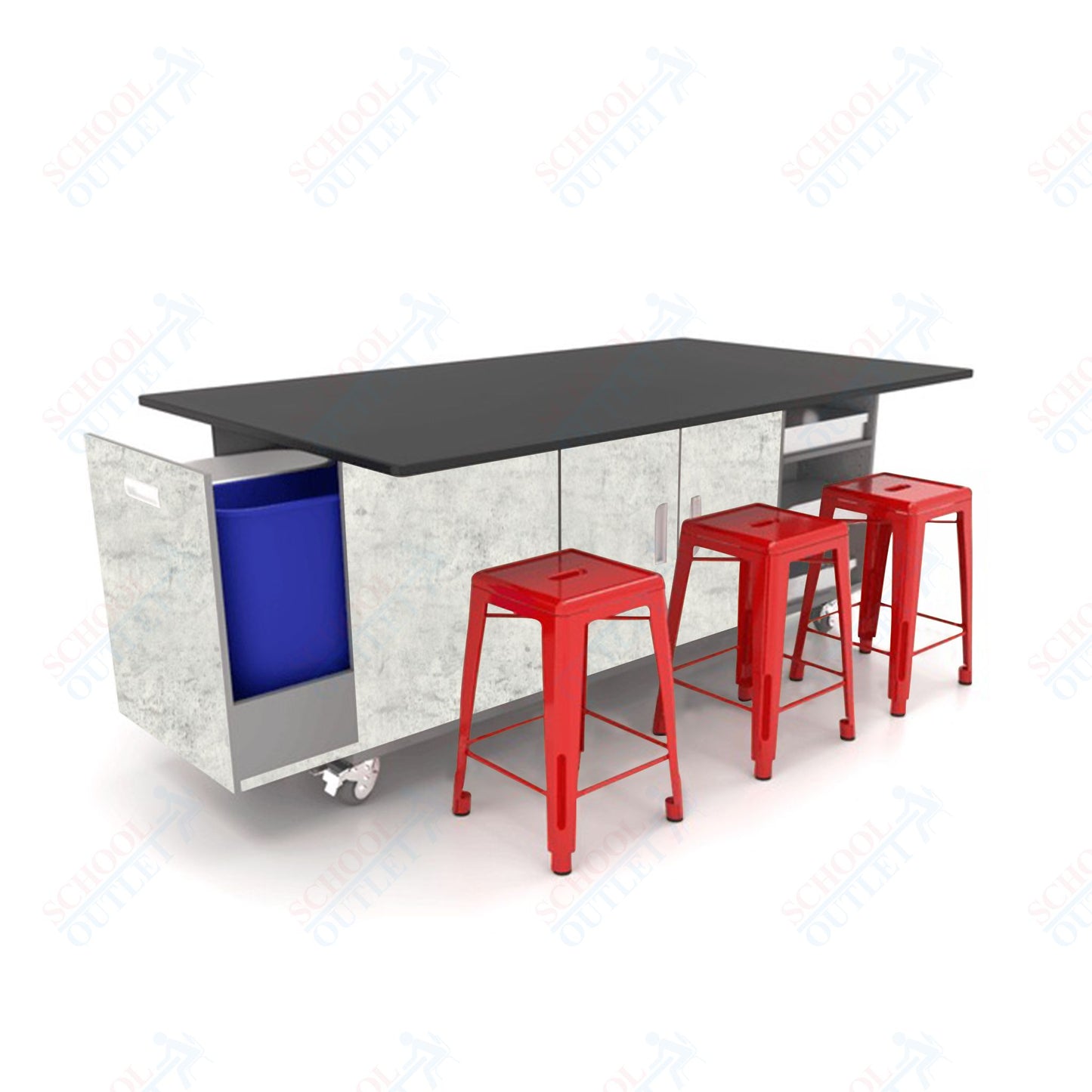 CEF ED Original Table 36"H Chemical Resistant Top, Laminate Base with  6 Stools, Storage Bins, Trash Bins, and Electrical Outlets Included.