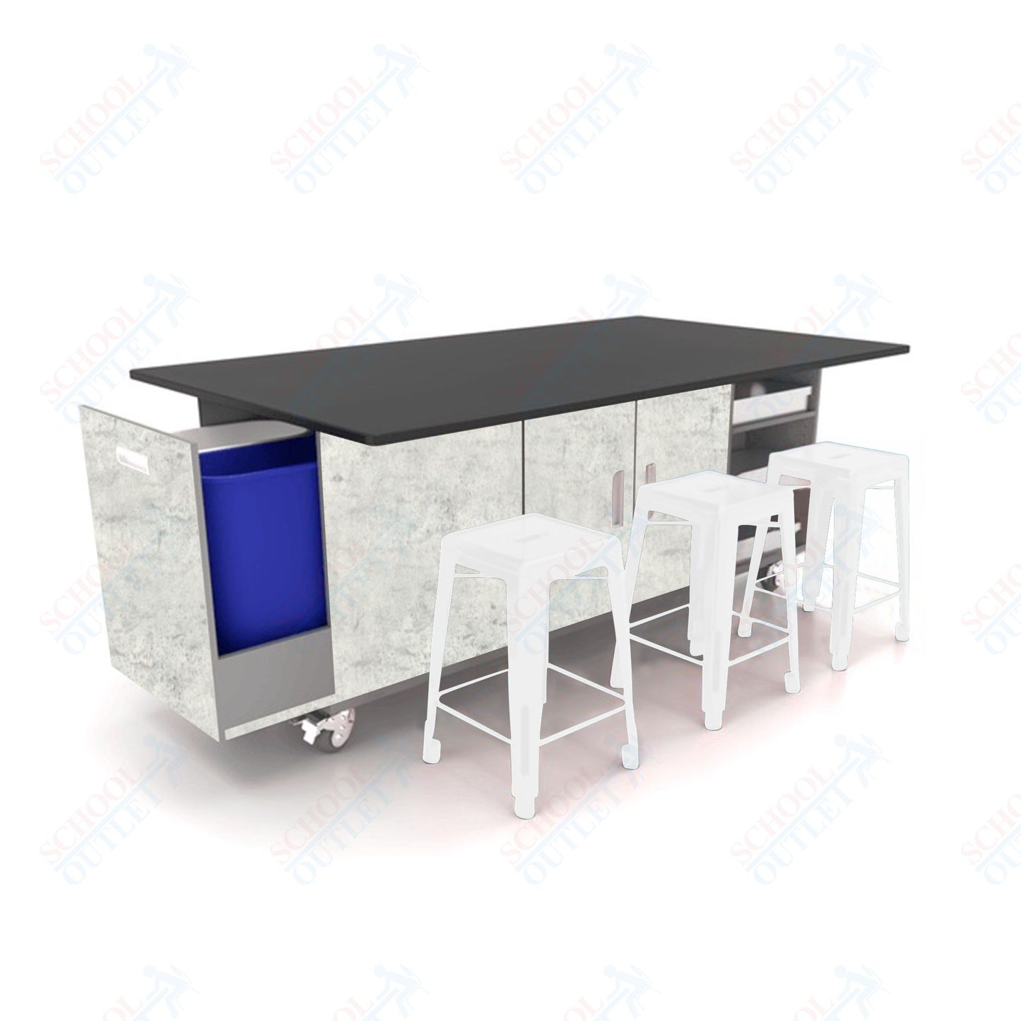 CEF ED Original Table 36"H Chemical Resistant Top, Laminate Base with  6 Stools, Storage Bins, Trash Bins, and Electrical Outlets Included.