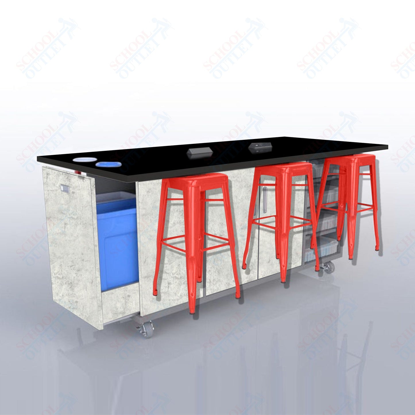 CEF ED Original Table 36"H High Pressure Laminate Top, Laminate Base with  6 Stools, Storage Bins, Trash Bins, and Electrical Outlets Included.