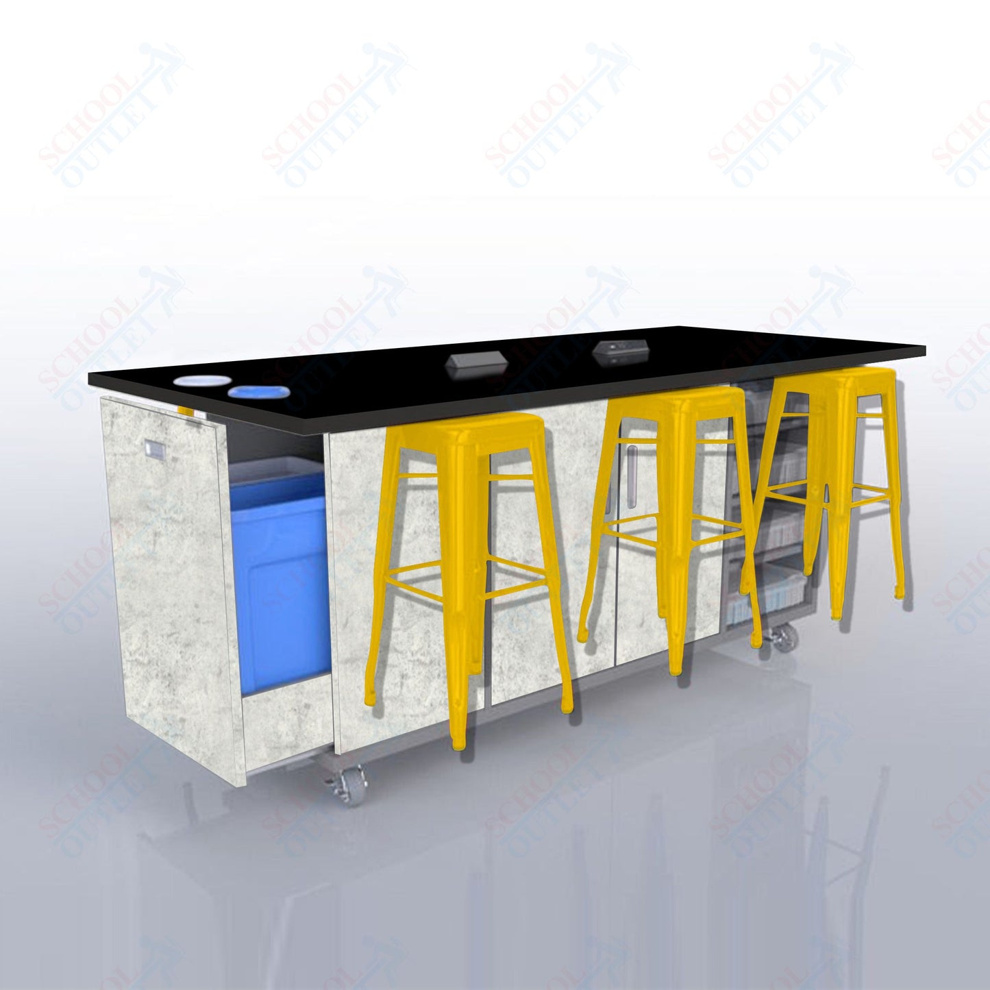 CEF ED Original Table 36"H High Pressure Laminate Top, Laminate Base with  6 Stools, Storage Bins, Trash Bins, and Electrical Outlets Included.