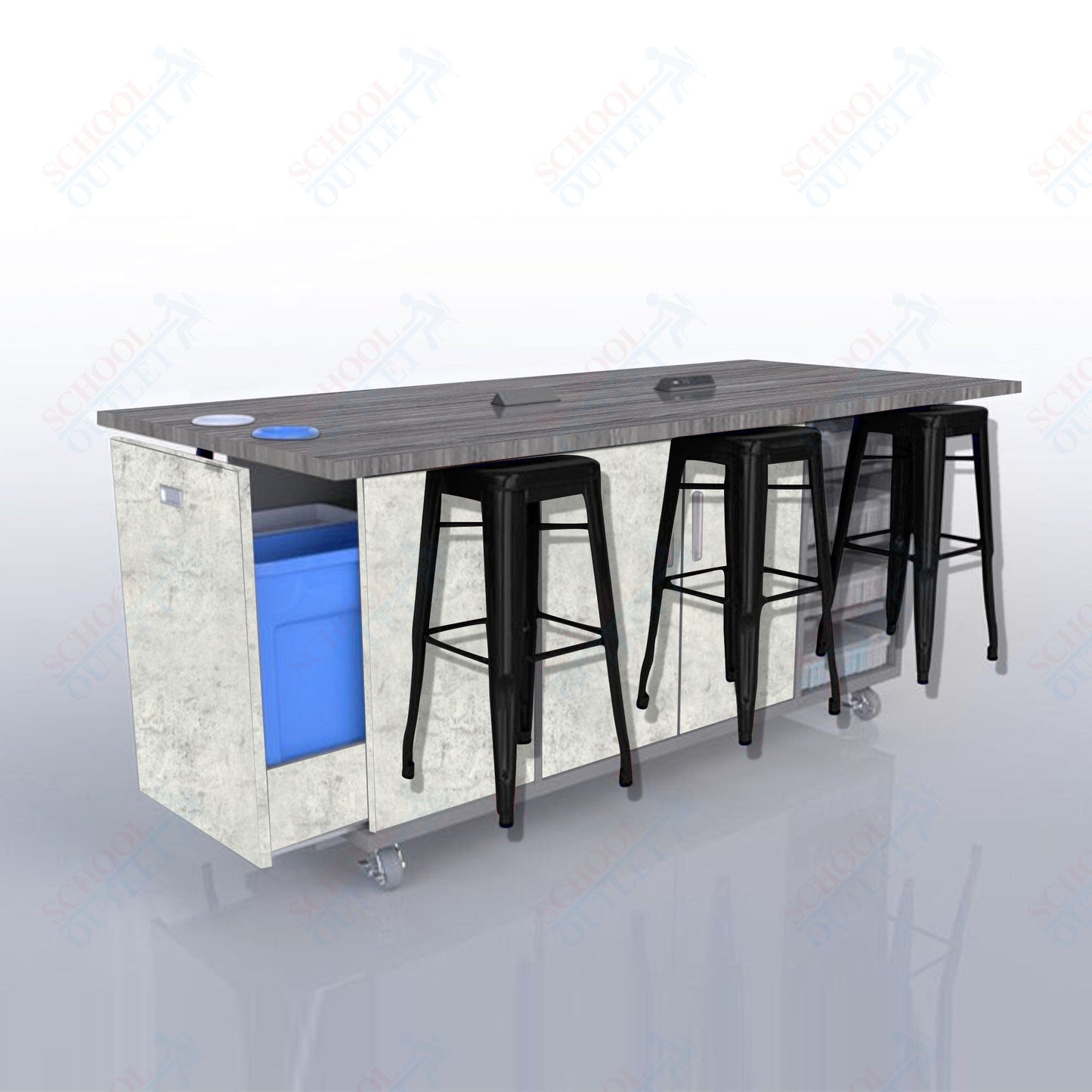 CEF ED Original Table 36"H High Pressure Laminate Top, Laminate Base with  6 Stools, Storage Bins, Trash Bins, and Electrical Outlets Included.