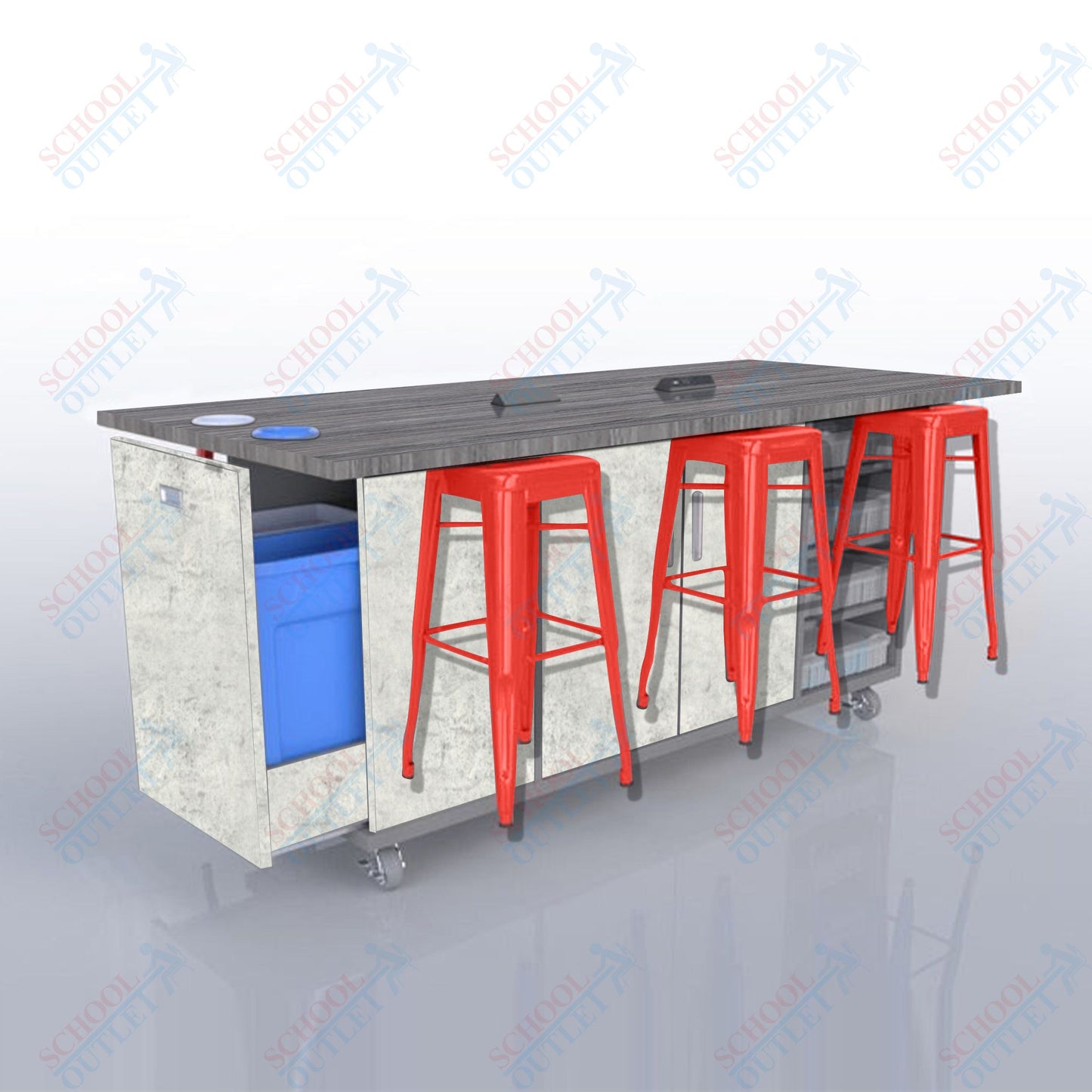 CEF ED Original Table 36"H High Pressure Laminate Top, Laminate Base with  6 Stools, Storage Bins, Trash Bins, and Electrical Outlets Included.