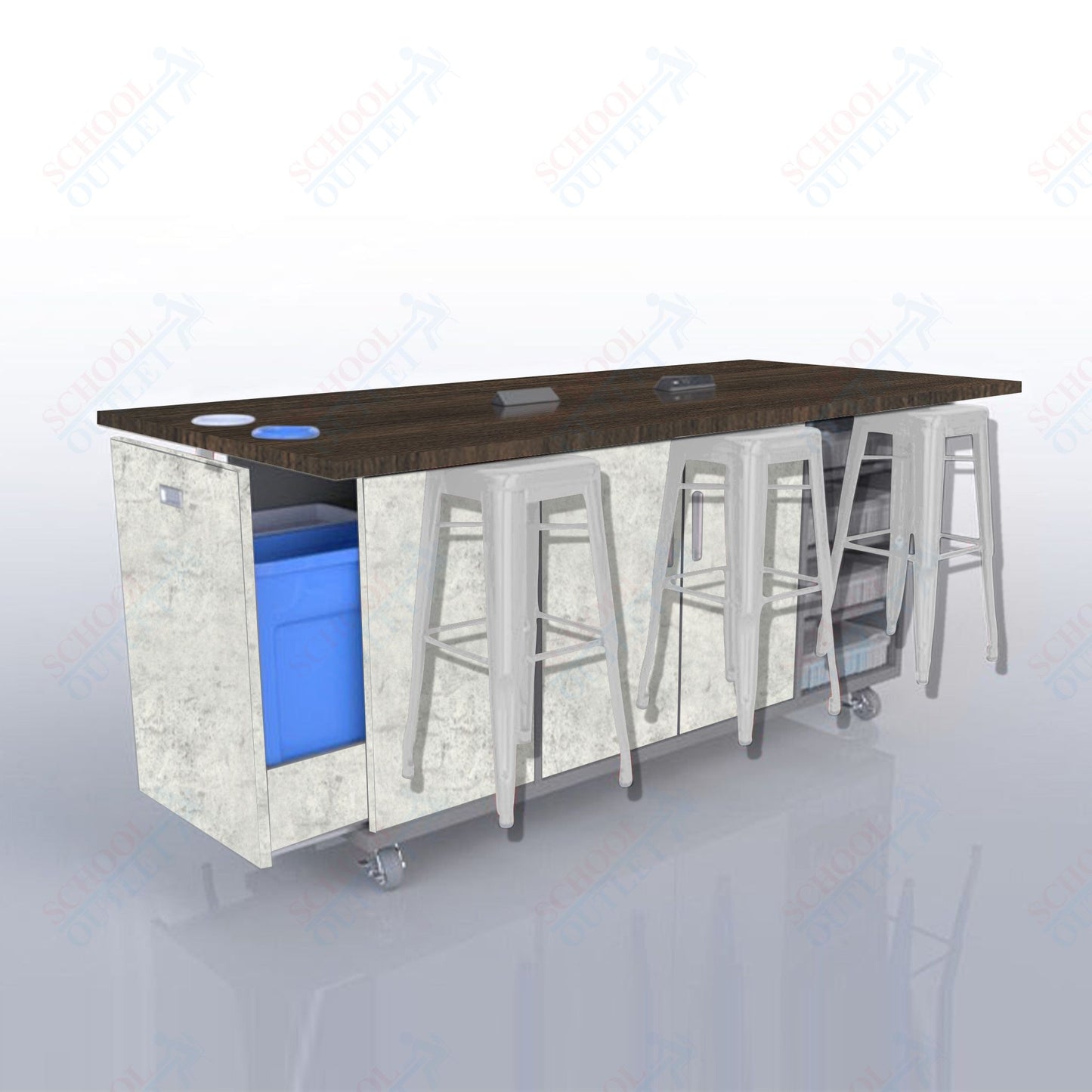 CEF ED Original Table 36"H High Pressure Laminate Top, Laminate Base with  6 Stools, Storage Bins, Trash Bins, and Electrical Outlets Included.