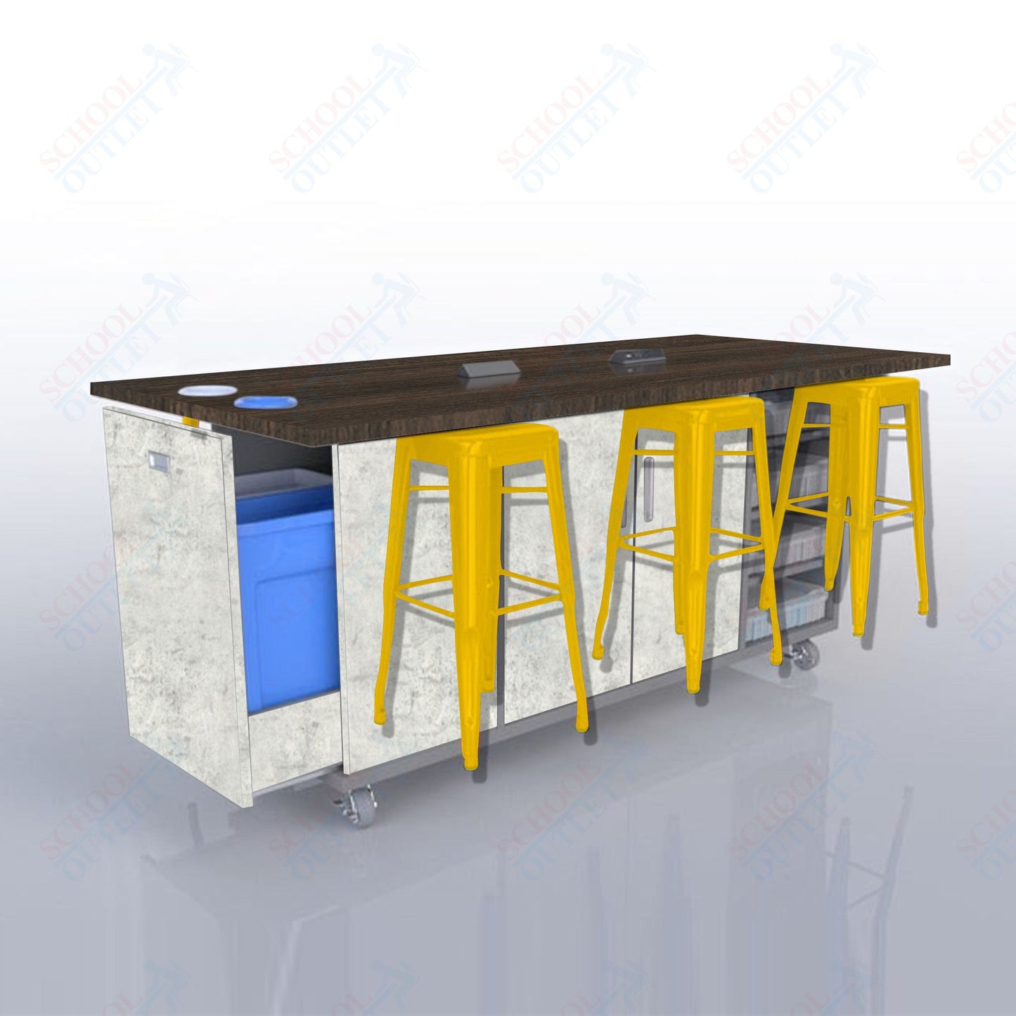 CEF ED Original Table 36"H High Pressure Laminate Top, Laminate Base with  6 Stools, Storage Bins, Trash Bins, and Electrical Outlets Included.