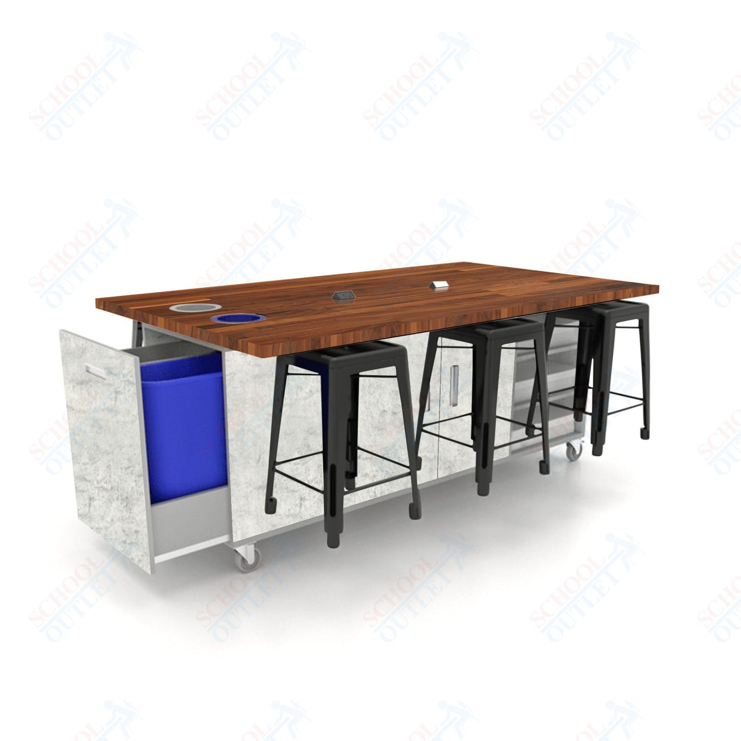 CEF ED Original Table 36"H Butcher Block Top, Laminate Base with  6 Stools, Storage Bins, Trash Bins, and Electrical Outlets Included.