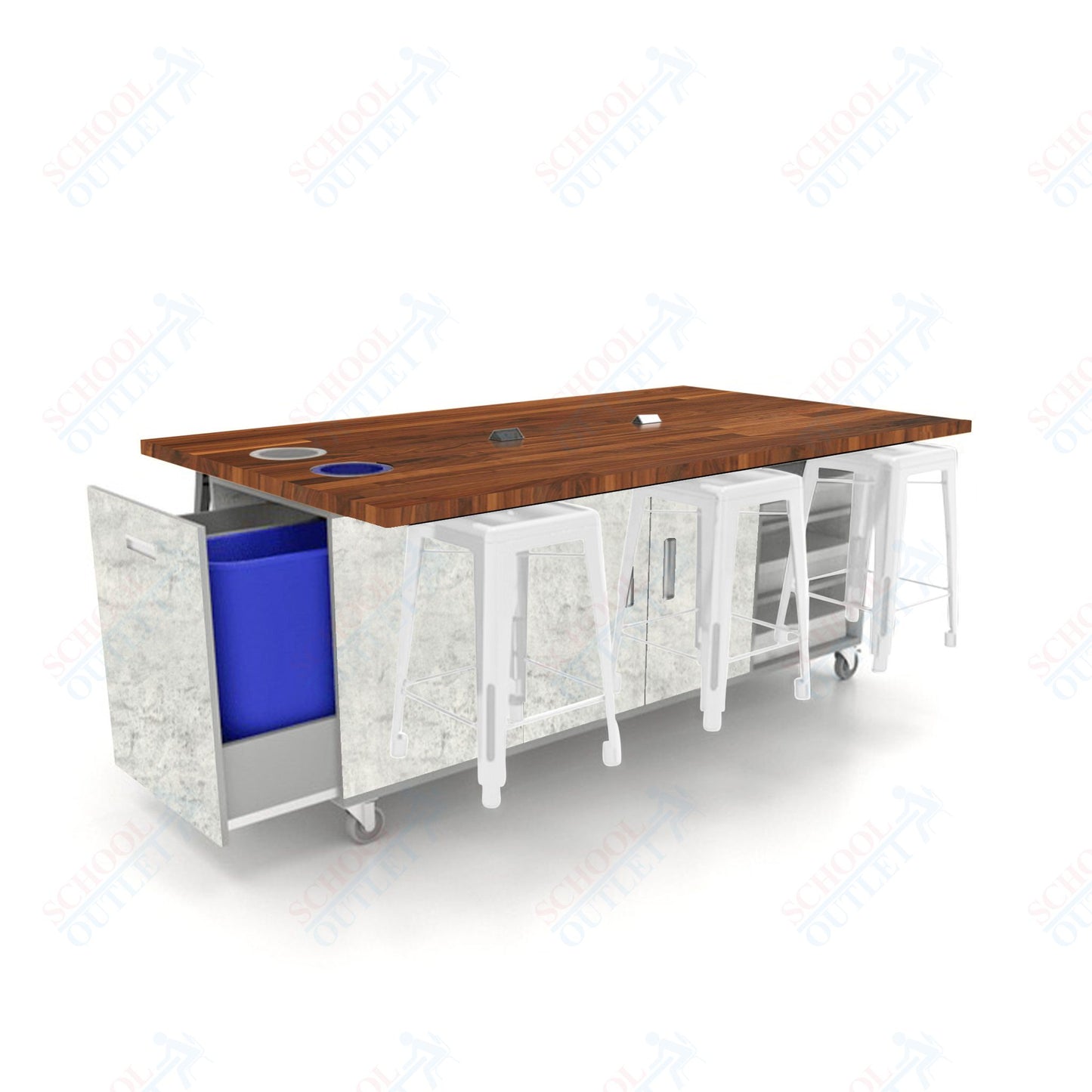 CEF ED Original Table 36"H Butcher Block Top, Laminate Base with  6 Stools, Storage Bins, Trash Bins, and Electrical Outlets Included.