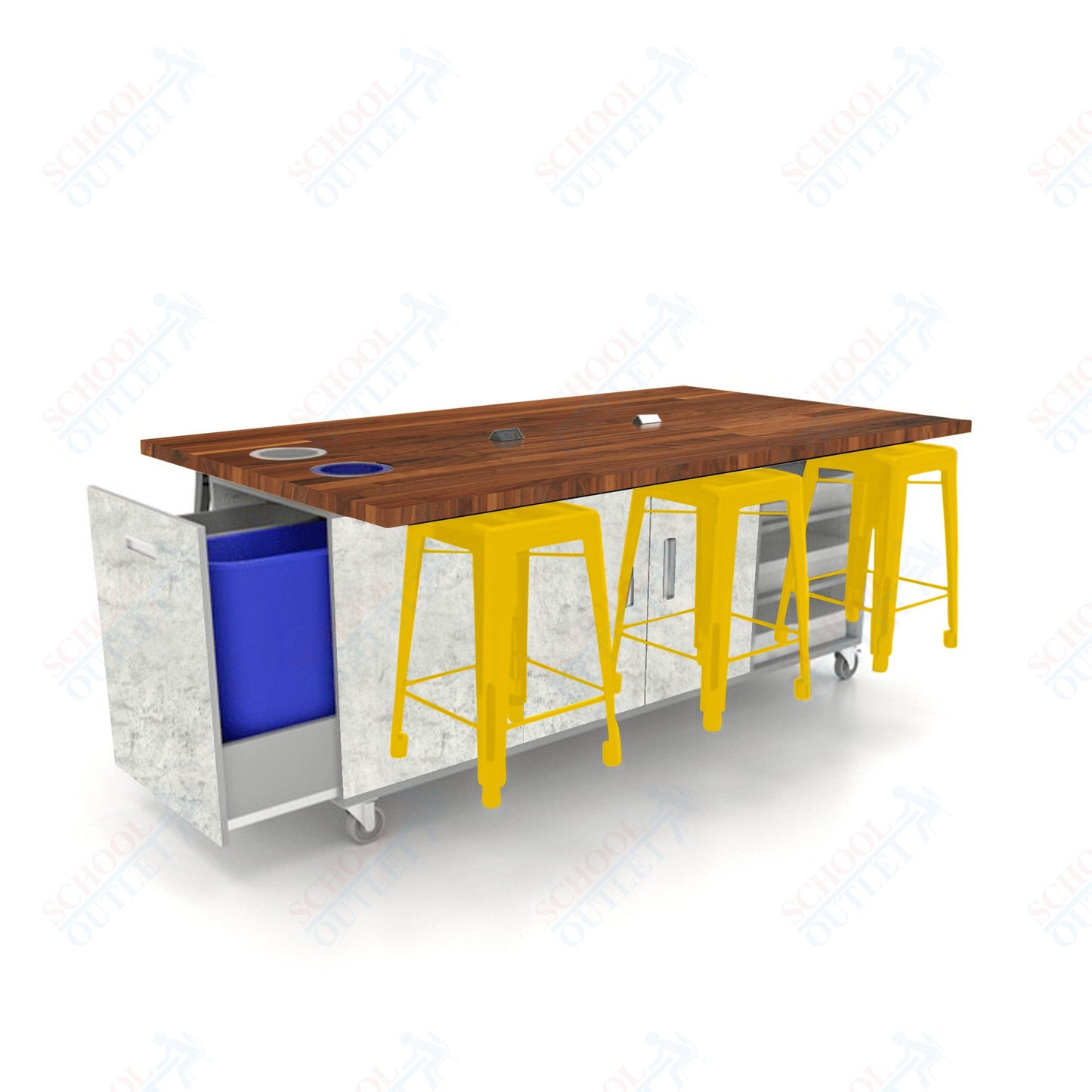 CEF ED Original Table 36"H Butcher Block Top, Laminate Base with  6 Stools, Storage Bins, Trash Bins, and Electrical Outlets Included.