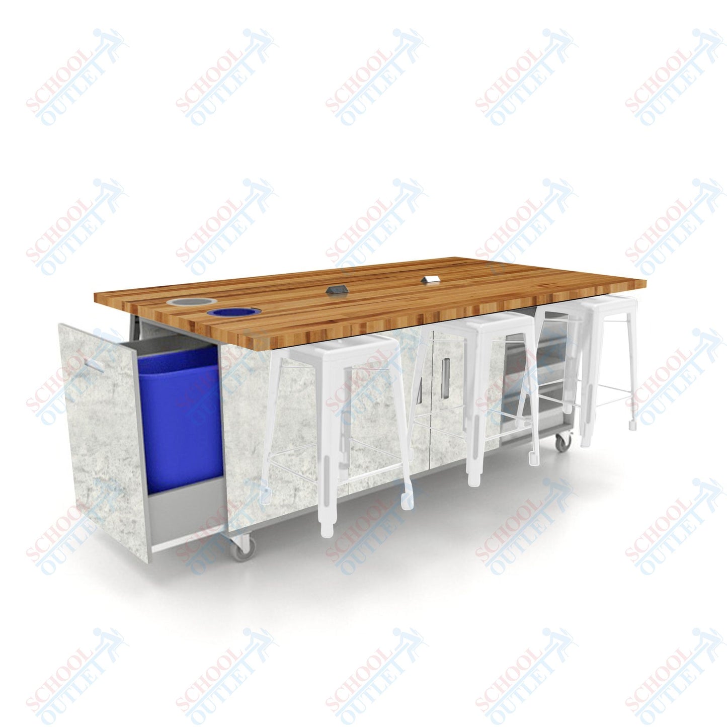 CEF ED Original Table 36"H Butcher Block Top, Laminate Base with  6 Stools, Storage Bins, Trash Bins, and Electrical Outlets Included.