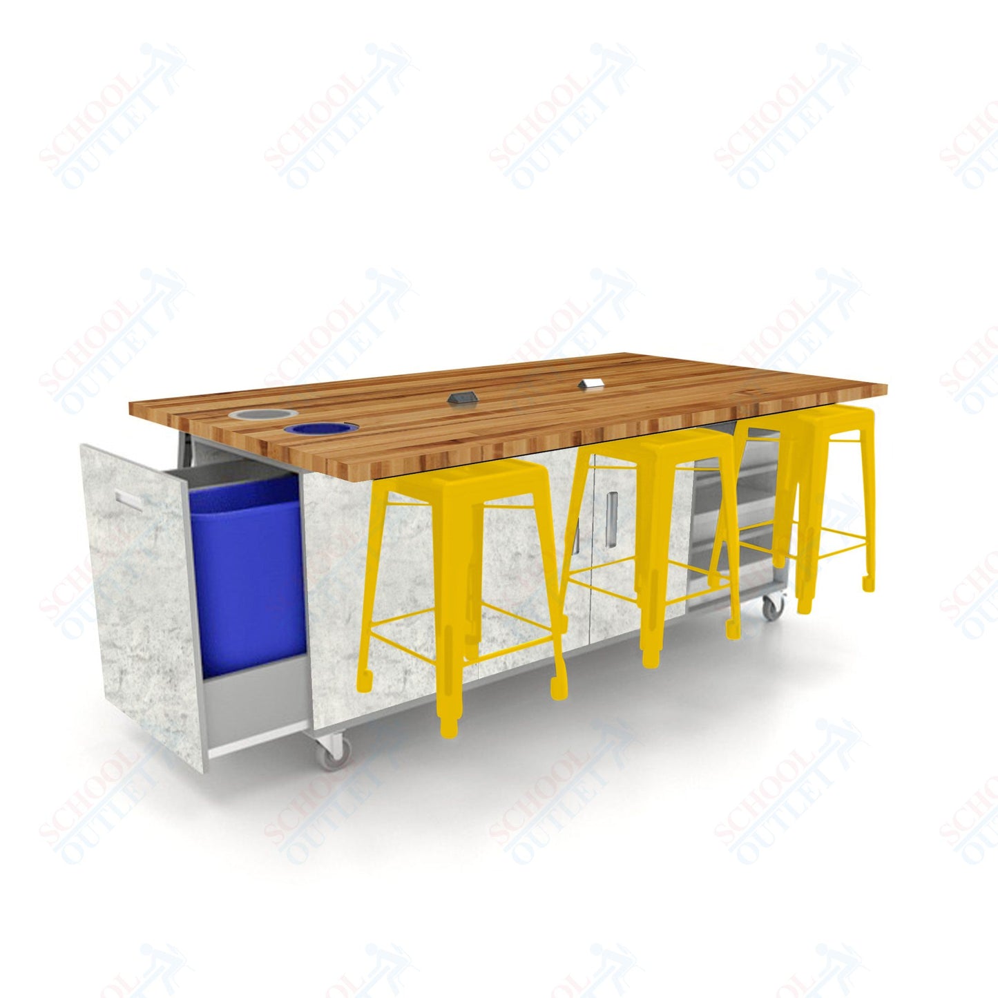 CEF ED Original Table 36"H Butcher Block Top, Laminate Base with  6 Stools, Storage Bins, Trash Bins, and Electrical Outlets Included.